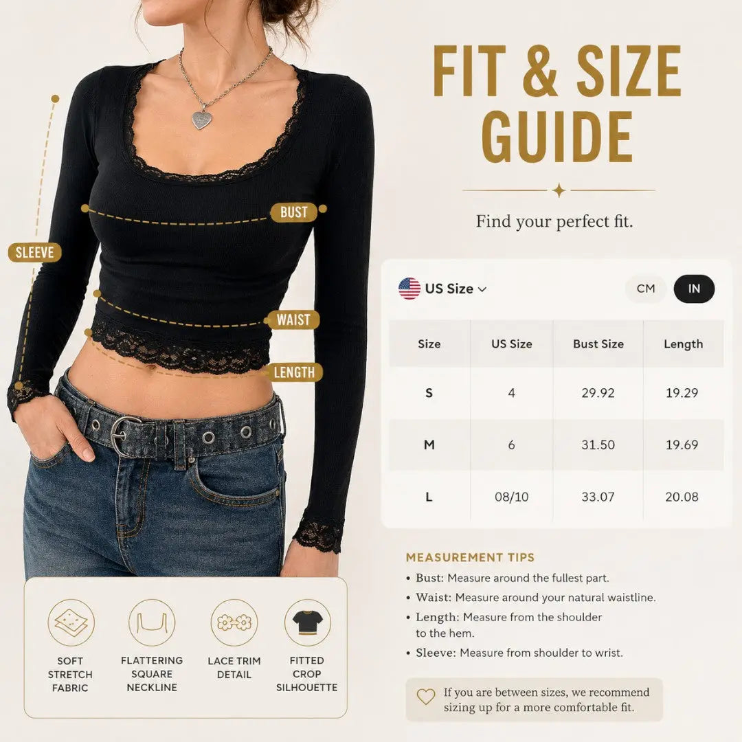 Lace Trim Square Neck Long Sleeve Crop Top | Slim Fit Everyday Shirt | Soft Stretch Casual Going Out Top | Feminine Layering Tee Jumartins