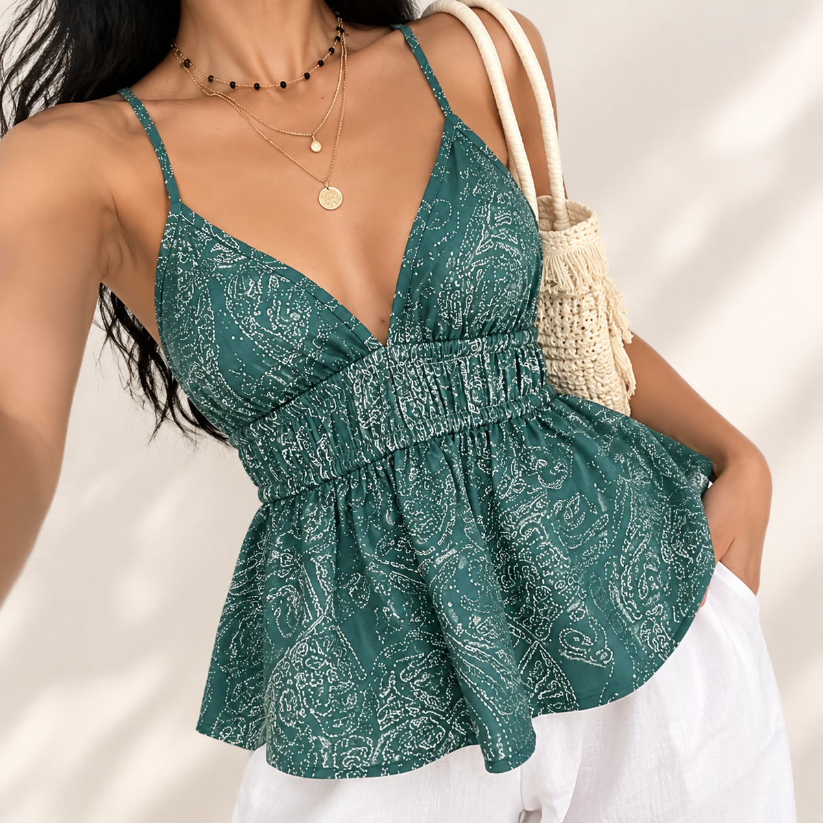 Paisley Print Cami Top | Crisscross Back V Neck Blouse with Waist Ruffle | Feminine Casual Vacation Top for Date Night & Daily Wear