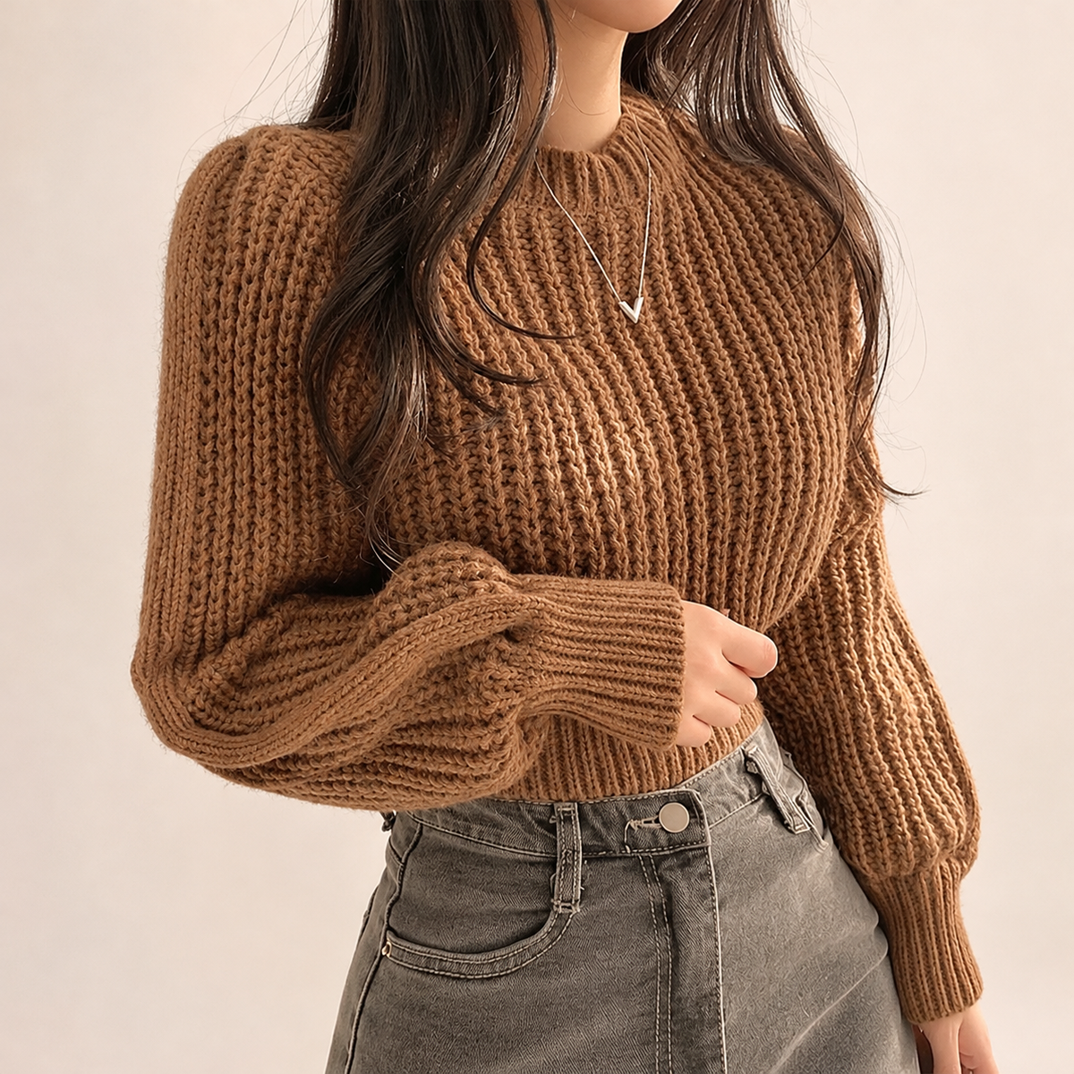 Chunky Knit Cropped Sweater | Womens Lantern Sleeve Pullover Cozy Textured Casual Fall Top