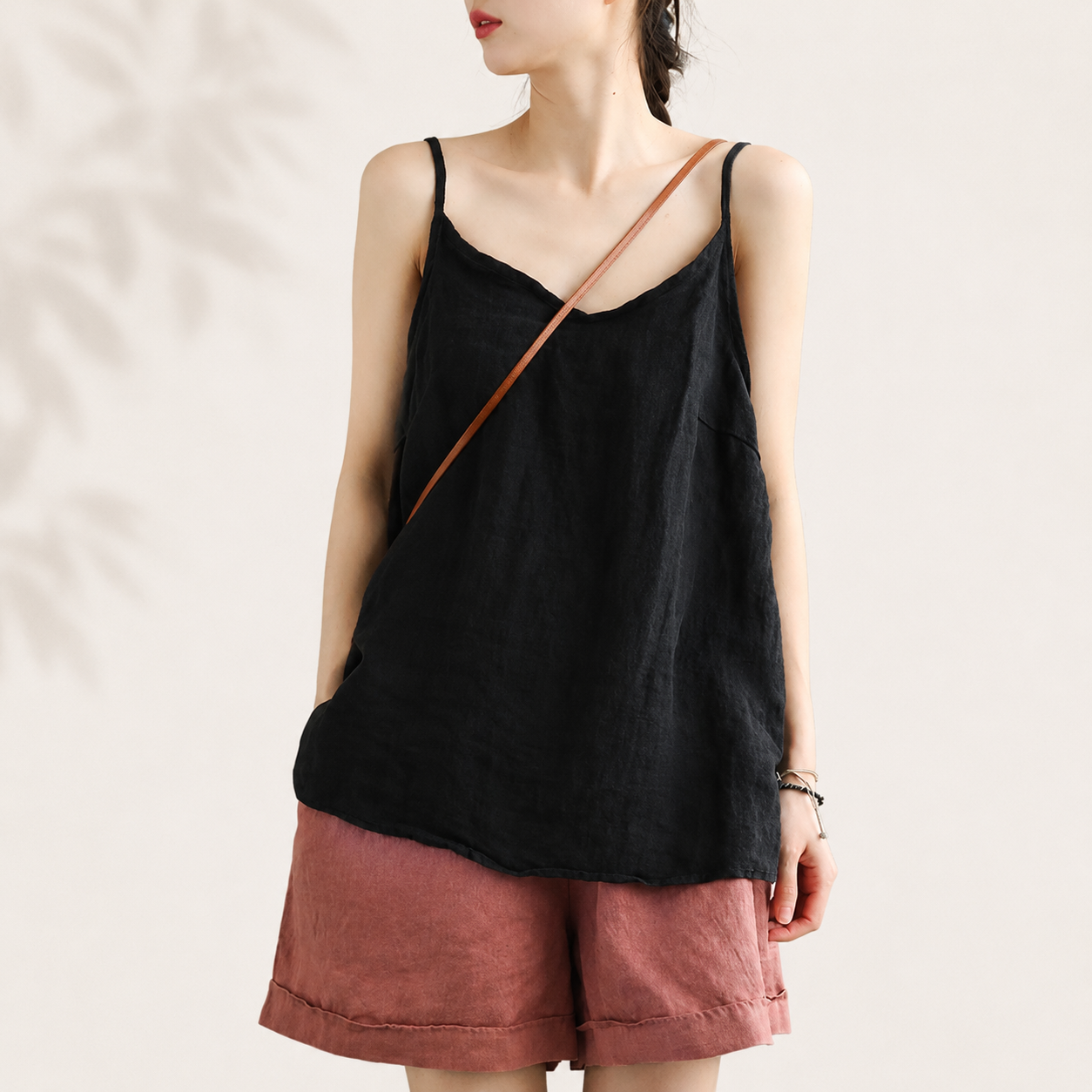 Cotton Linen Spaghetti Strap Top | Loose V Neck Camisole | Sleeveless Summer Tank | Relaxed Casual Layering Top