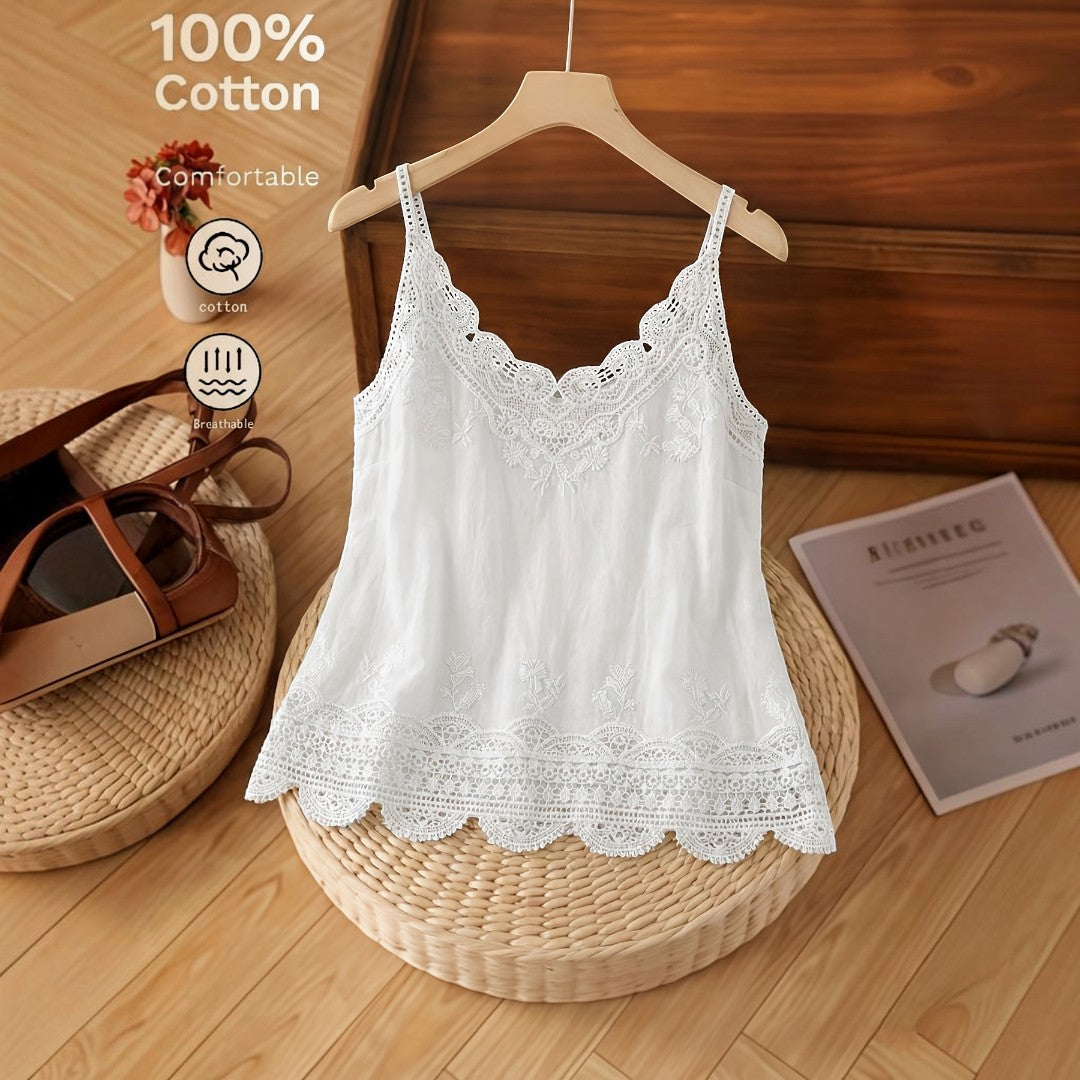 Embroidered Lace Camisole Top Women Bohemian Summer Shirt Feminine Casual Holiday Outfit Romantic Sleeveless Tank Top