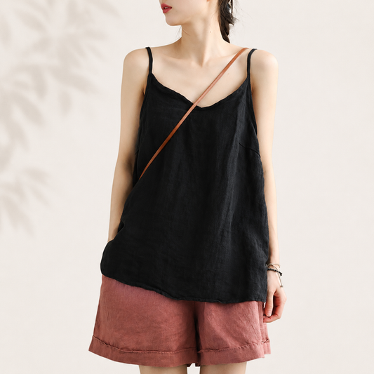 Cotton Linen Spaghetti Strap Top | Loose V Neck Camisole | Sleeveless Summer Tank | Relaxed Casual Layering Top
