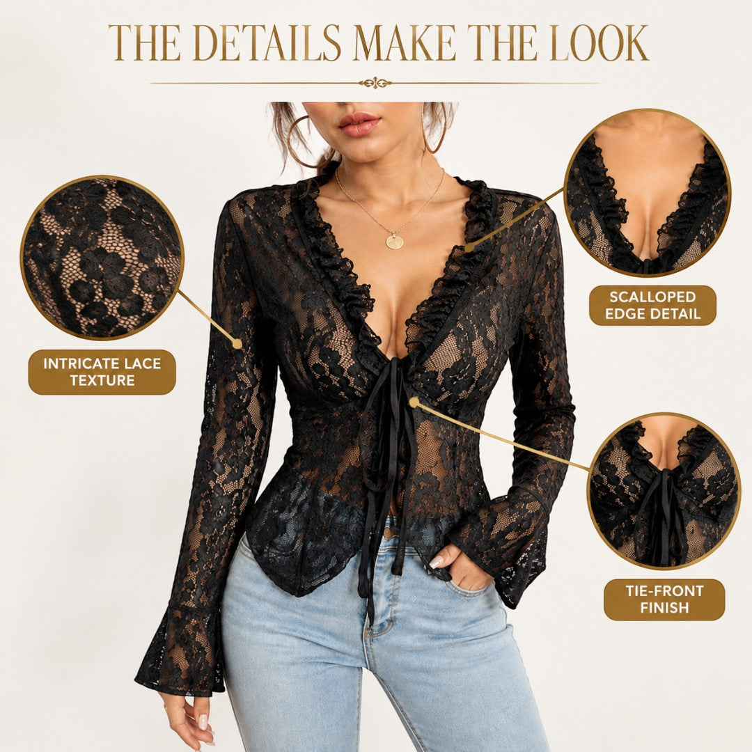 Floral Lace Long Sleeve Top, Tie Front Sheer Blouse, Feminine Ruffle Lace Cardigan, Romantic Layering Shirt, Elegant Going Out Top