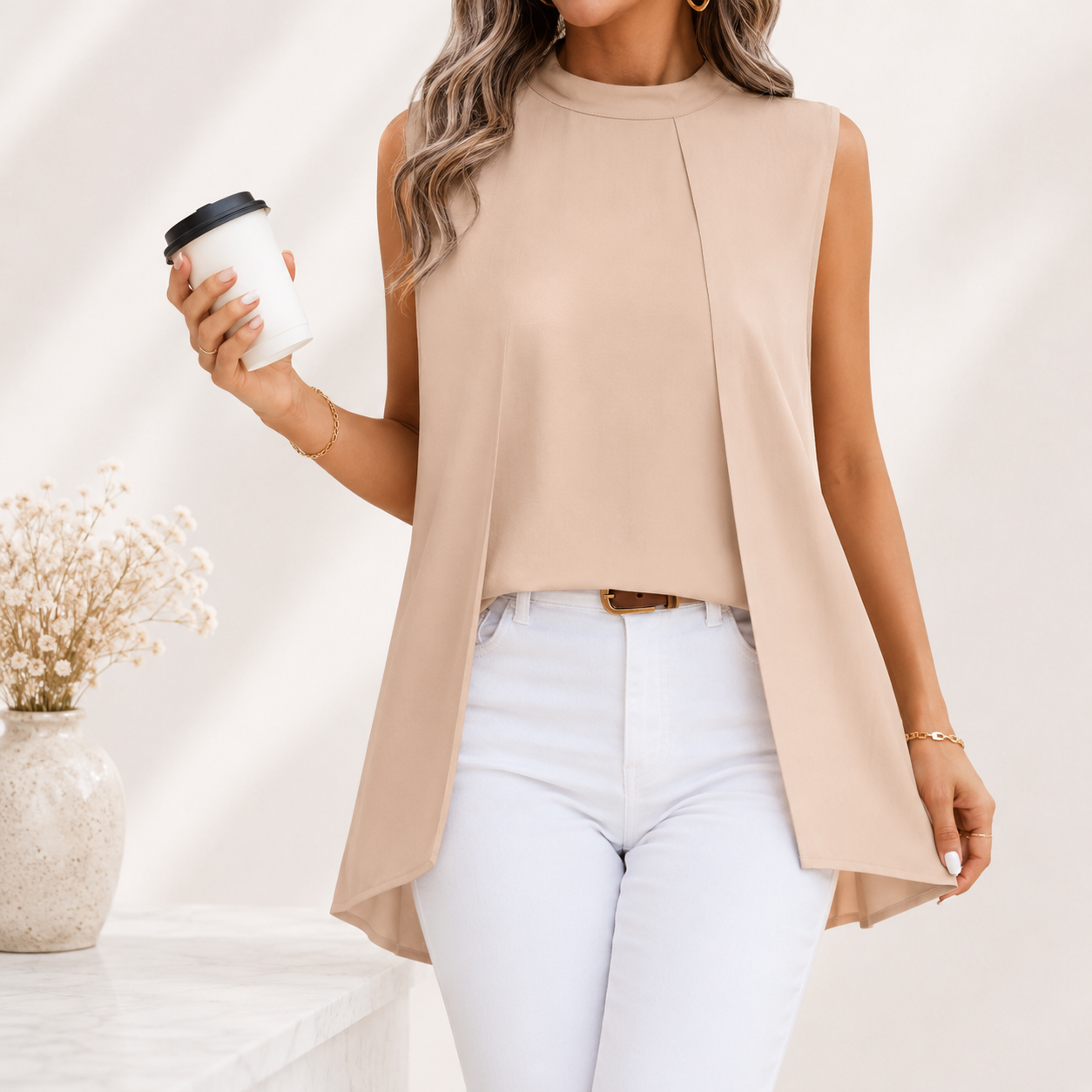 Women’s Sleeveless Layered Blouse | O Neck Split Front Shirt | Elegant Summer Top | Loose Draped Workwear Blouse