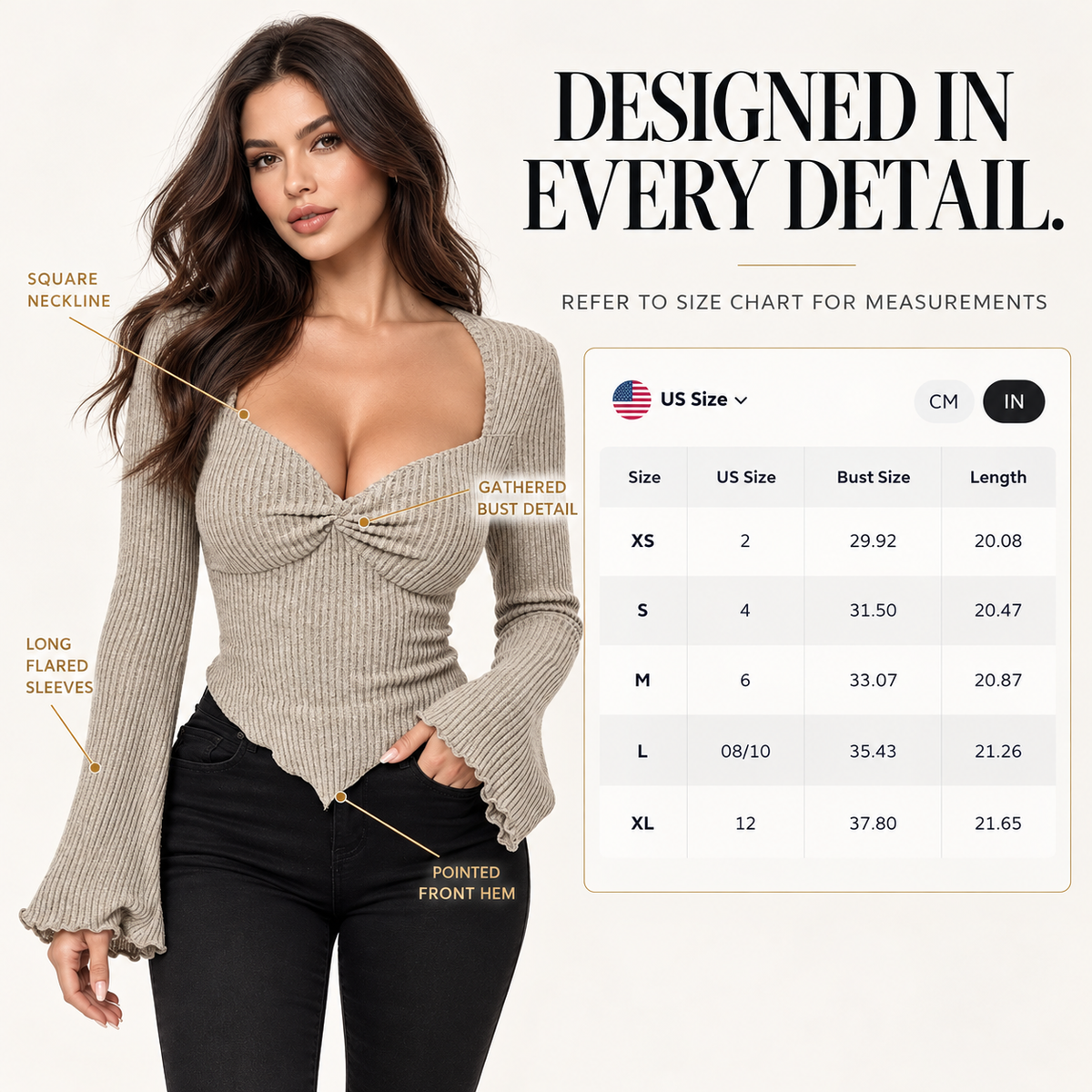 Women's Square Neck Ribbed Knit Top, Bell Sleeve Long Sleeve Shirt, Ruched Bust Fitted Blouse, Romantic Date Night Outfit