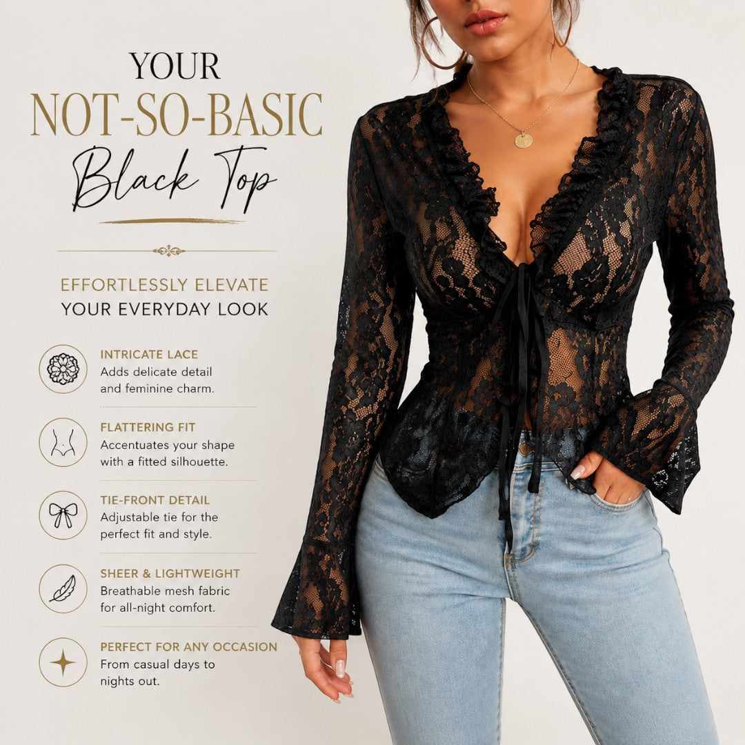 Floral Lace Long Sleeve Top, Tie Front Sheer Blouse, Feminine Ruffle Lace Cardigan, Romantic Layering Shirt, Elegant Going Out Top