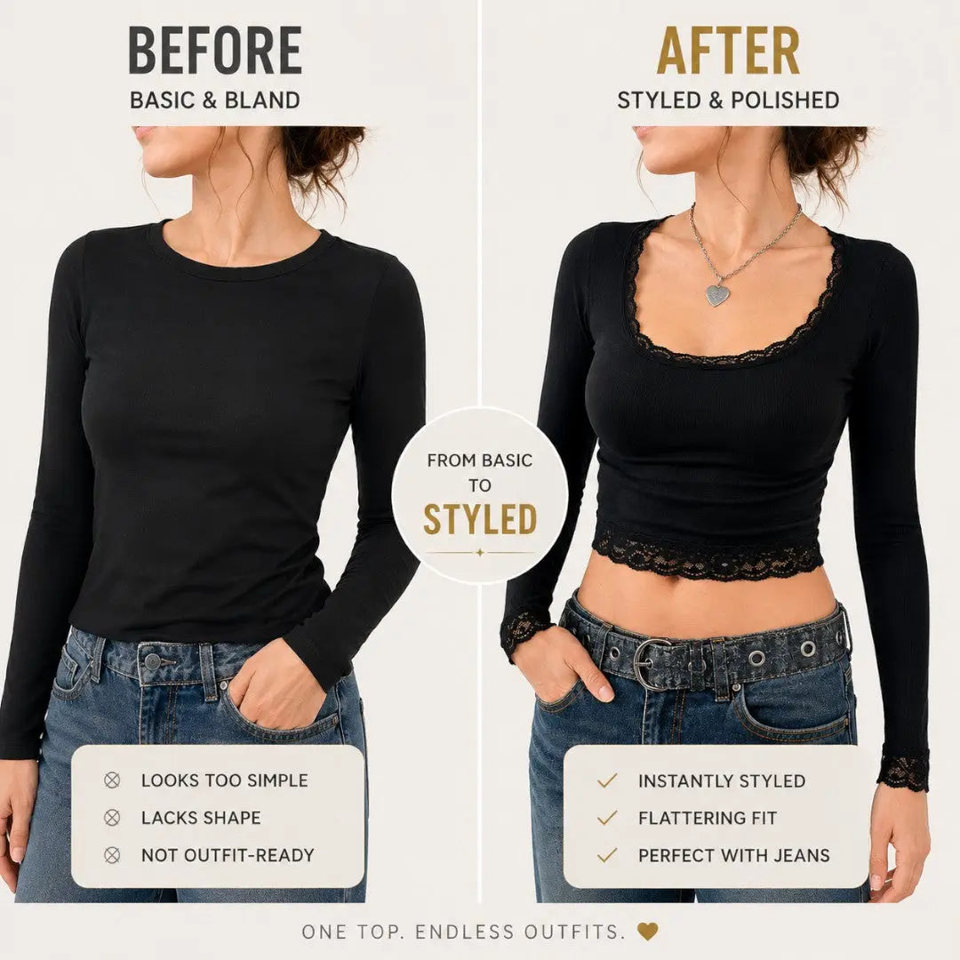 Lace Trim Square Neck Long Sleeve Crop Top | Slim Fit Everyday Shirt | Soft Stretch Casual Going Out Top | Feminine Layering Tee Jumartins