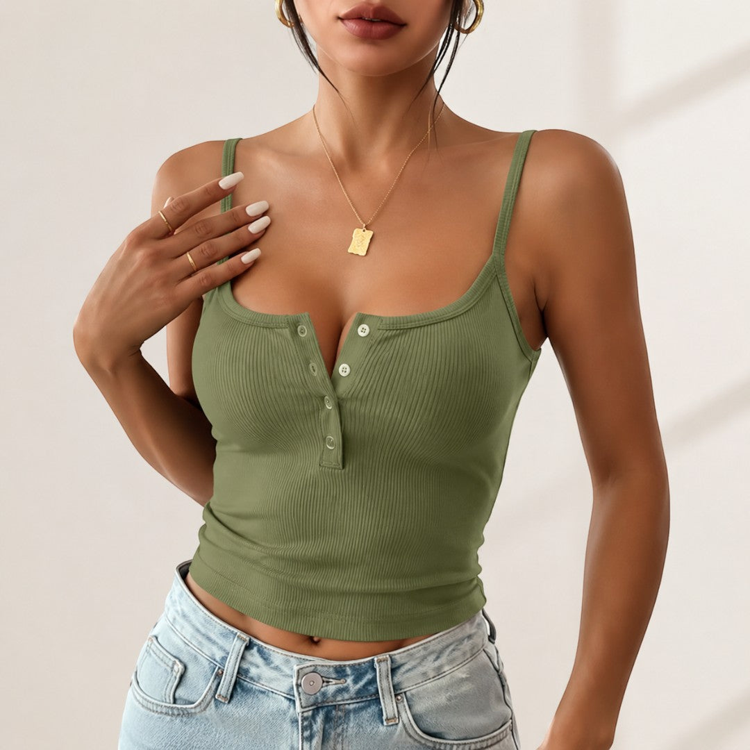 Women's Ribbed Button Front Camisole Crop Top | Fitted Summer Tank Top Sleeveless Everyday Layering Cami Casual Outfit