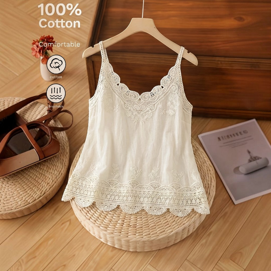 Embroidered Lace Camisole Top Women Bohemian Summer Shirt Feminine Casual Holiday Outfit Romantic Sleeveless Tank Top