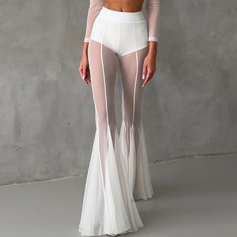 Women's Sheer Mesh Flare Pants, High Waist Bell Bottom Trousers, Layered See Through Party Pants, Elegant Clubwear