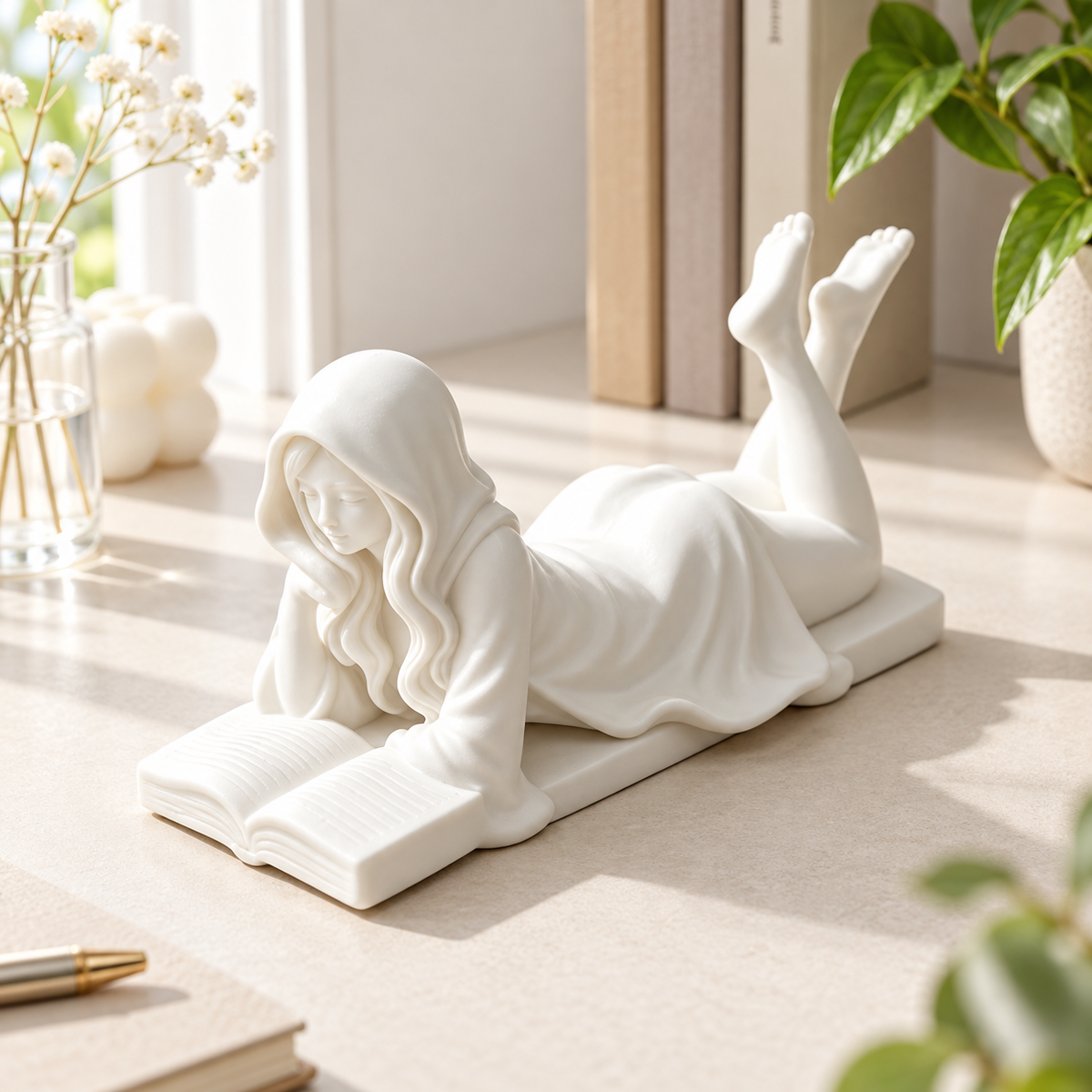 Hooded Reading Girl Figurine Book Lover Desk Decor Resin Sculpture Literary Shelf Accent Gift