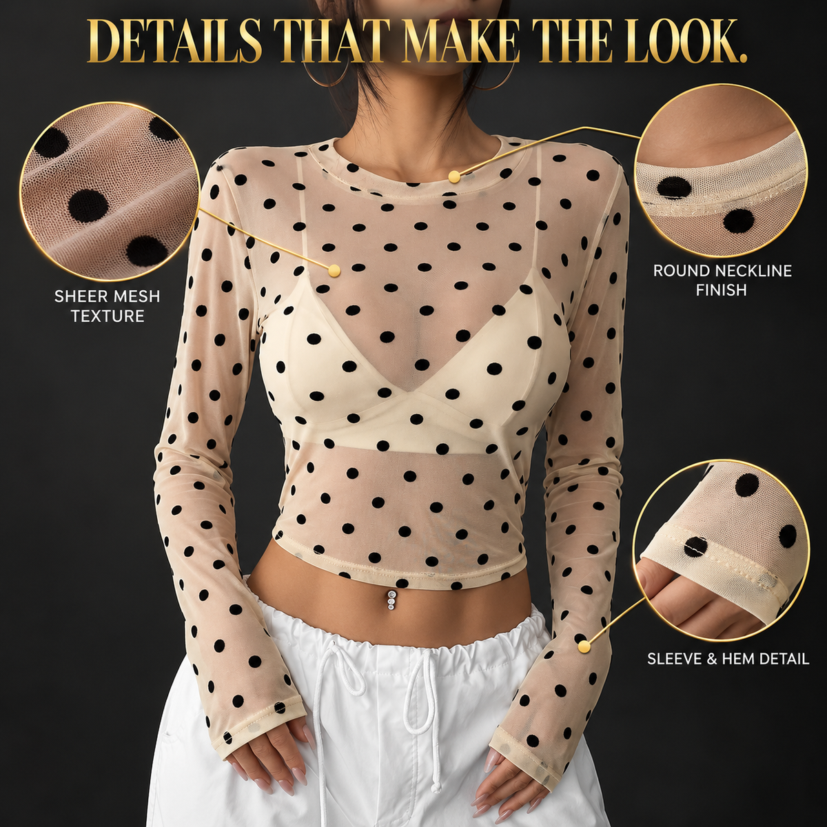 Sheer Polka Dot Crop Top | Women's Mesh Long Sleeve Blouse | Fitted Round Neck Shirt | Feminine Layering