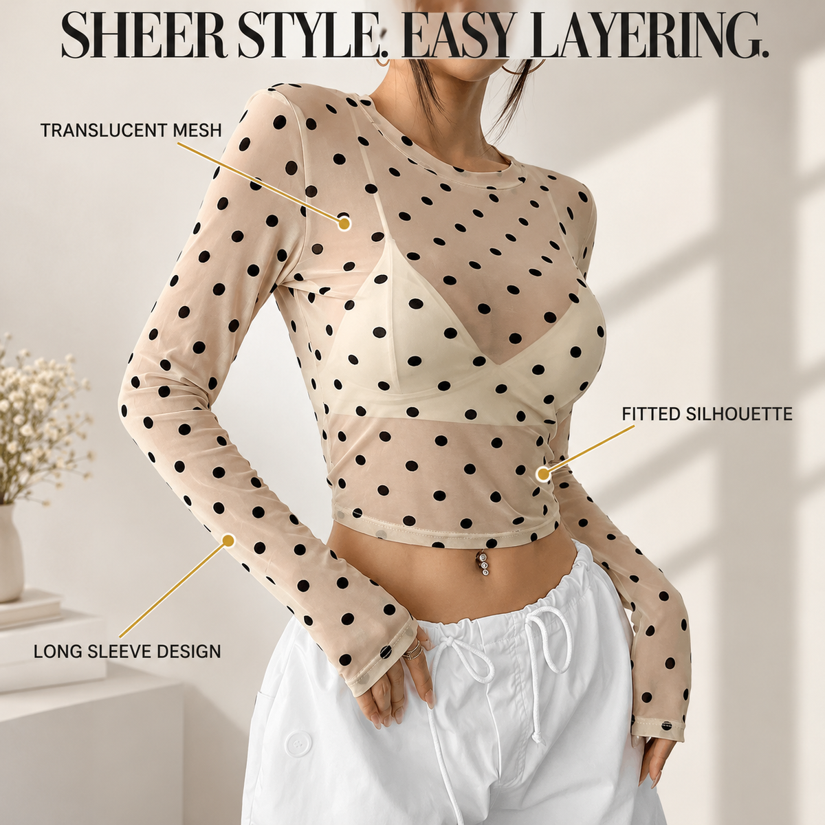 Sheer Polka Dot Crop Top | Women's Mesh Long Sleeve Blouse | Fitted Round Neck Shirt | Feminine Layering