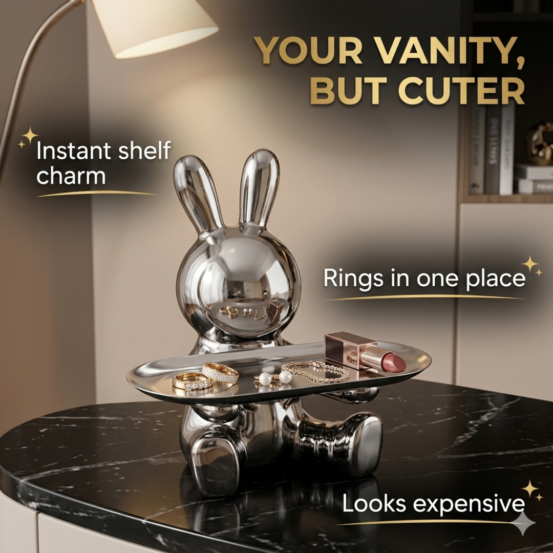 Decorative Rabbit Figurine Statue on Ornate Tray — Luxury Bunny Sculpture for Home Décor