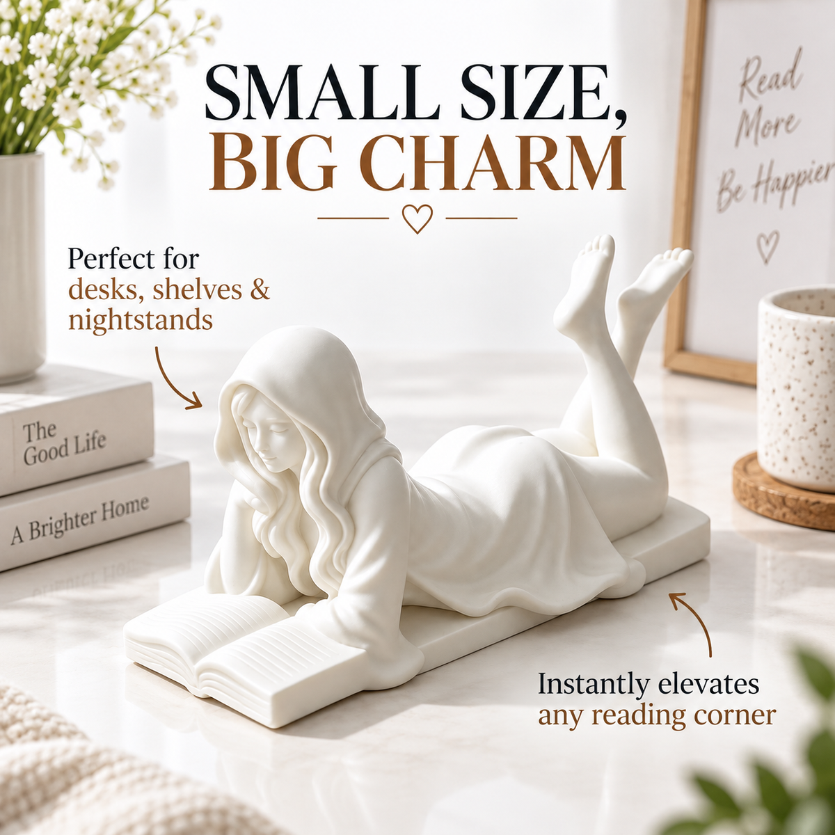 Hooded Reading Girl Figurine Book Lover Desk Decor Resin Sculpture Literary Shelf Accent Gift