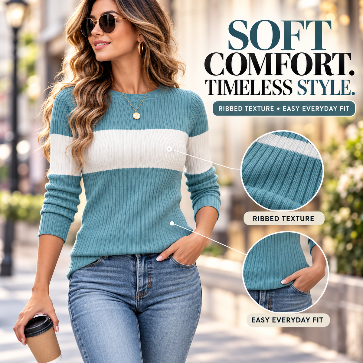 Women's Ribbed Colorblock Sweater, Striped Long Sleeve Knit Top, Casual Crew Neck Pullover, Chic Everyday Women's Clothing