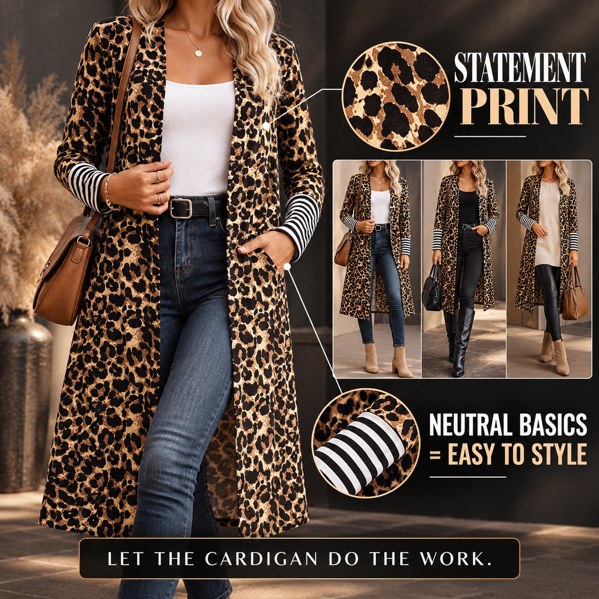 Leopard Print Long Cardigan for Women, Long Sleeve Open Front Sweater, Mid Length Animal Print Layering Top, Autumn Fall Outfit