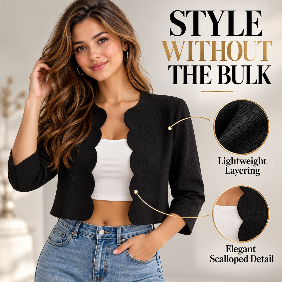 Scalloped Cropped Jacket for Women, Textured Elegant Cardigan, Lightweight Open Front Blazer, Chic Casual Spring Jacket