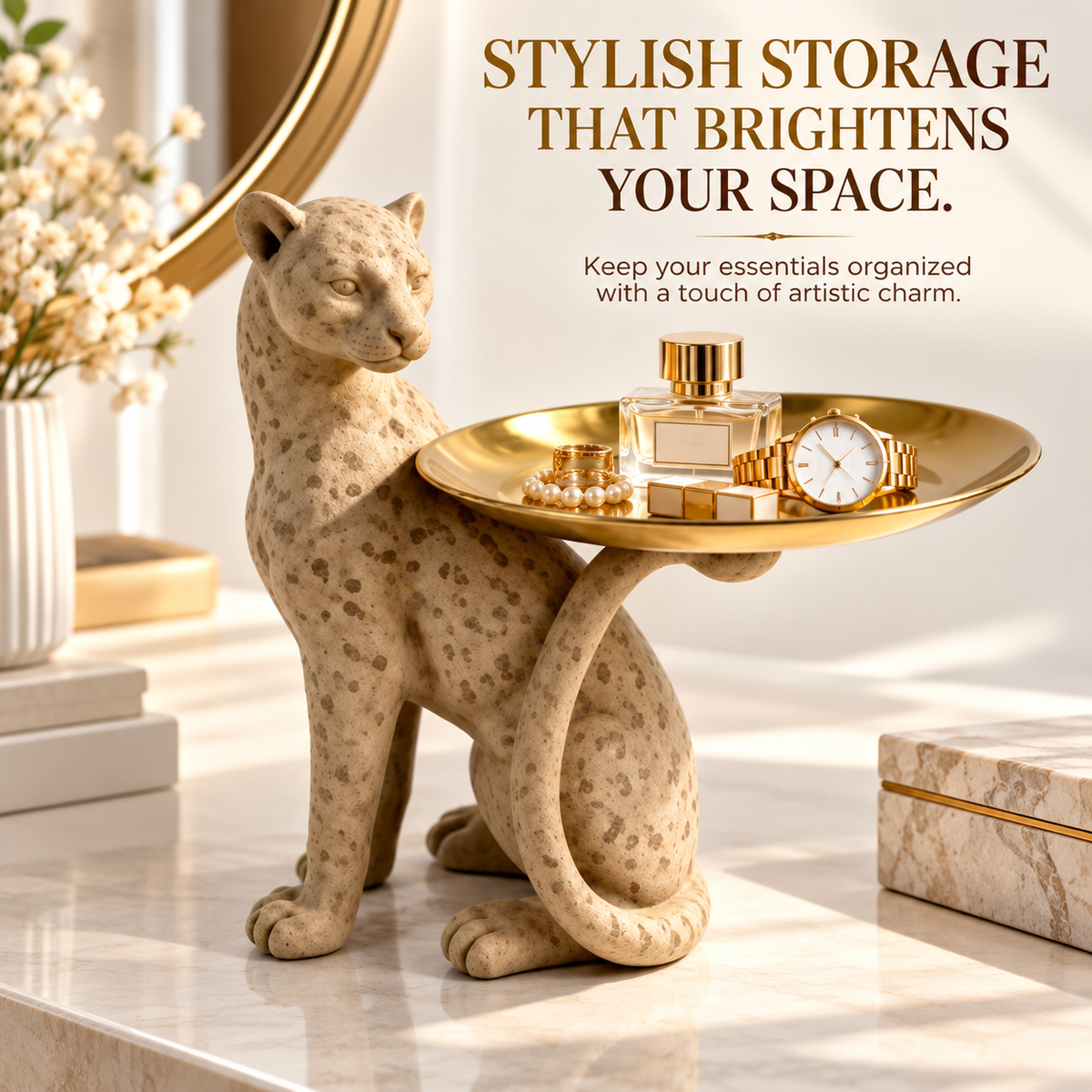 Leopard Statue Decorative Tray, Spotted Panther Figurine, Freestanding Jewelry Holder, Modern Tabletop Home Decor