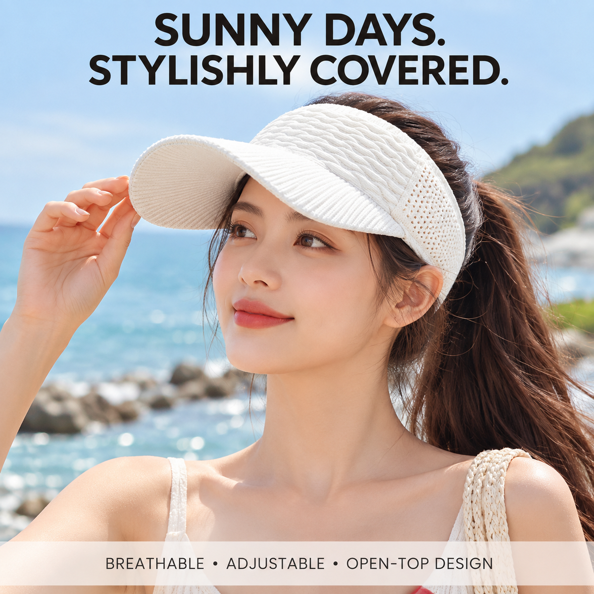 Women’s UV Sun Visor Hat, Breathable Visor Cap, Adjustable Open Top Sun Hat, Ponytail Beach Hat, Lightweight Summer Headwear