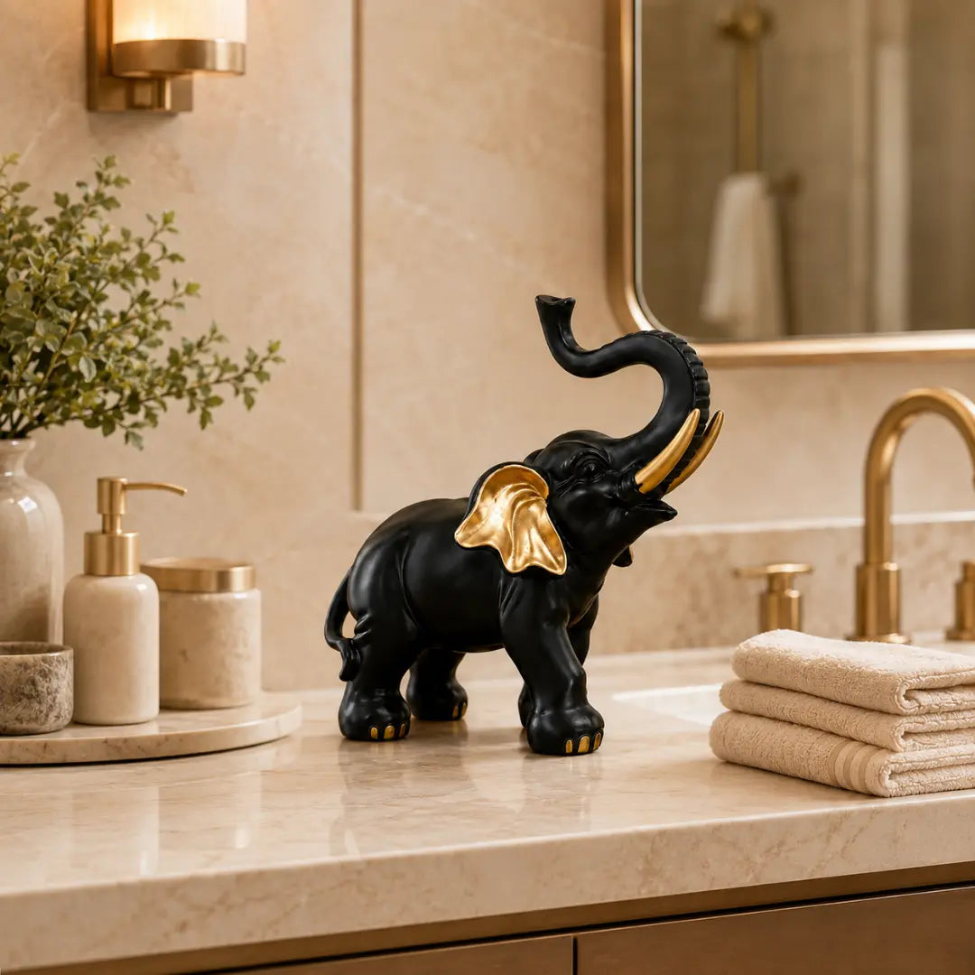 Black Gold Elephant Statue, Modern Resin Decor, Lucky Home Accent, Luxury Shelf Styling, Mantel Piece, Office Desk Decor Jumartins