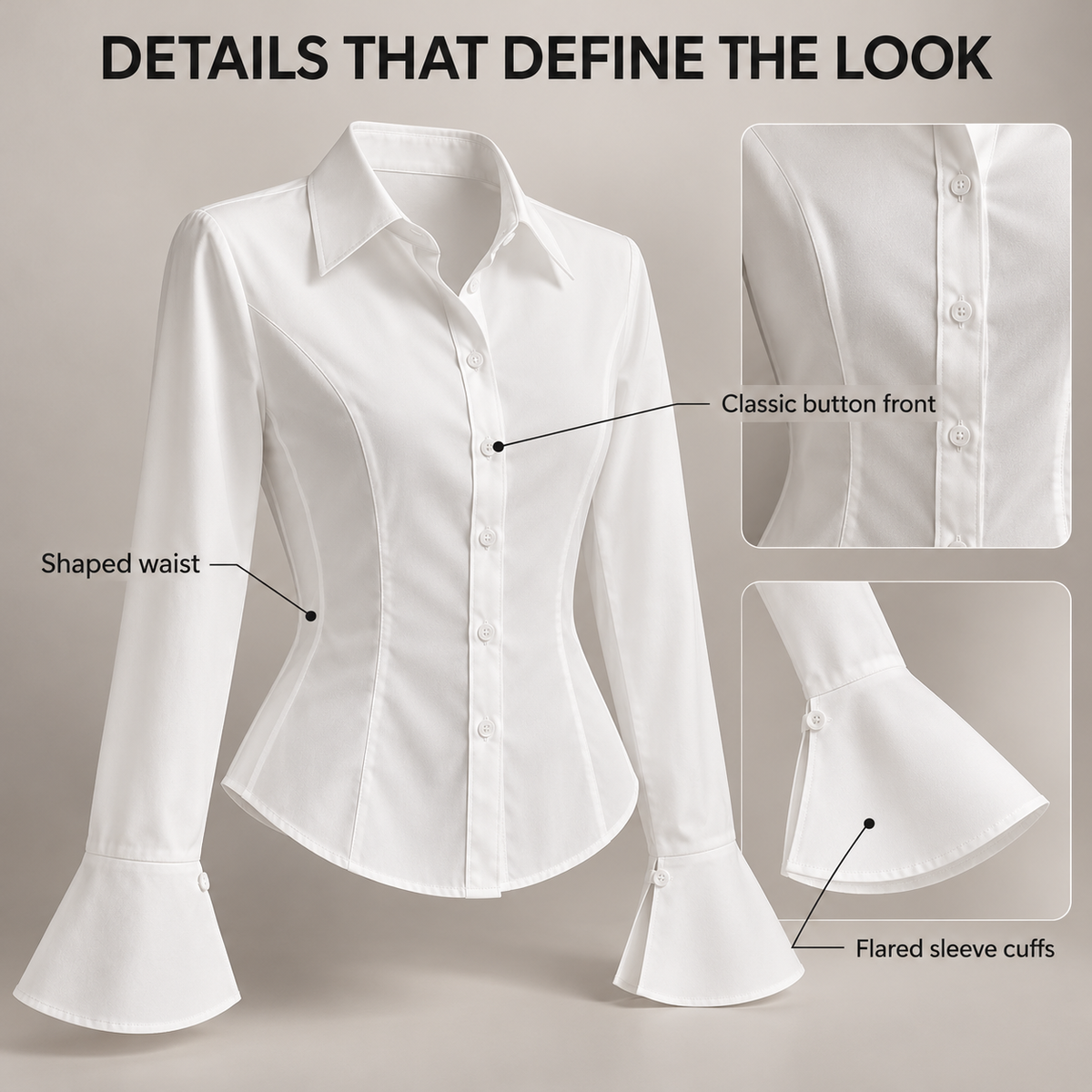 Women's Fitted Button-Down Blouse with Flared Cuffs, Elegant Long Sleeve Waist-Shaping Shirt for Work, Office & Chic Everyday Outfits