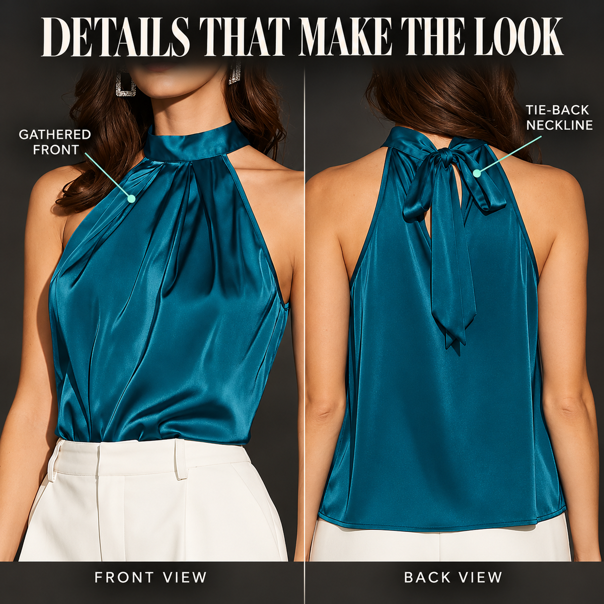 Satin Halter Neck Top for Women, Sleeveless Draped Blouse, Elegant High Neck Shirt, Chic Evening & Smart Casual Outfit