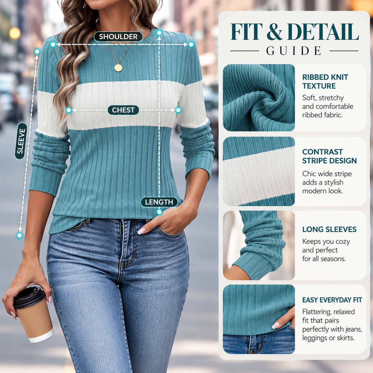 Women's Ribbed Colorblock Sweater, Striped Long Sleeve Knit Top, Casual Crew Neck Pullover, Chic Everyday Women's Clothing