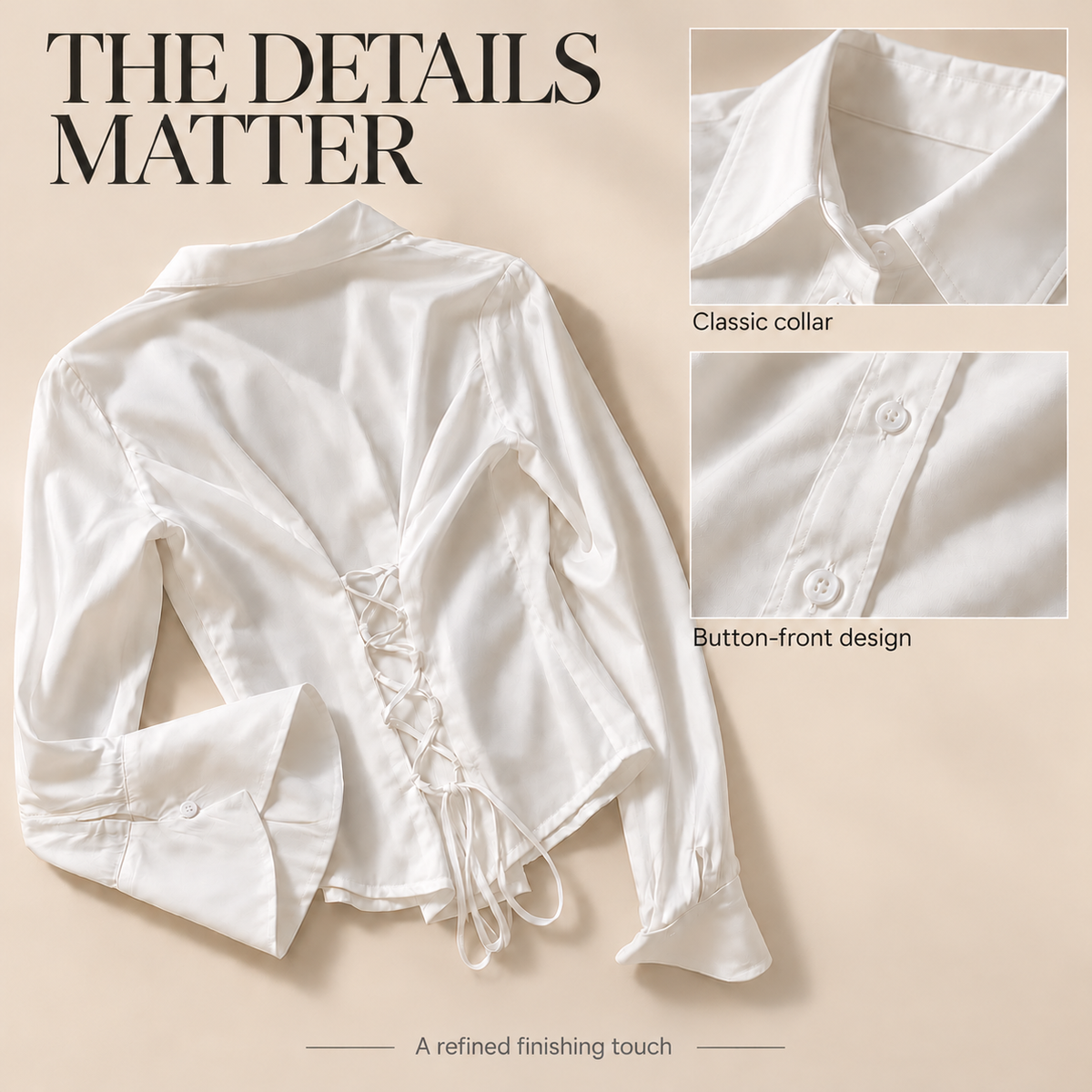 Women's Fitted Button-Down Blouse with Flared Cuffs, Elegant Long Sleeve Waist-Shaping Shirt for Work, Office & Chic Everyday Outfits
