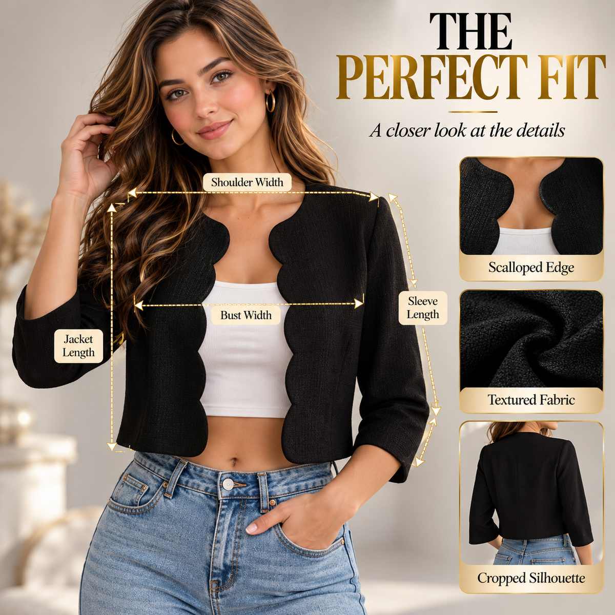 Scalloped Cropped Jacket for Women, Textured Elegant Cardigan, Lightweight Open Front Blazer, Chic Casual Spring Jacket