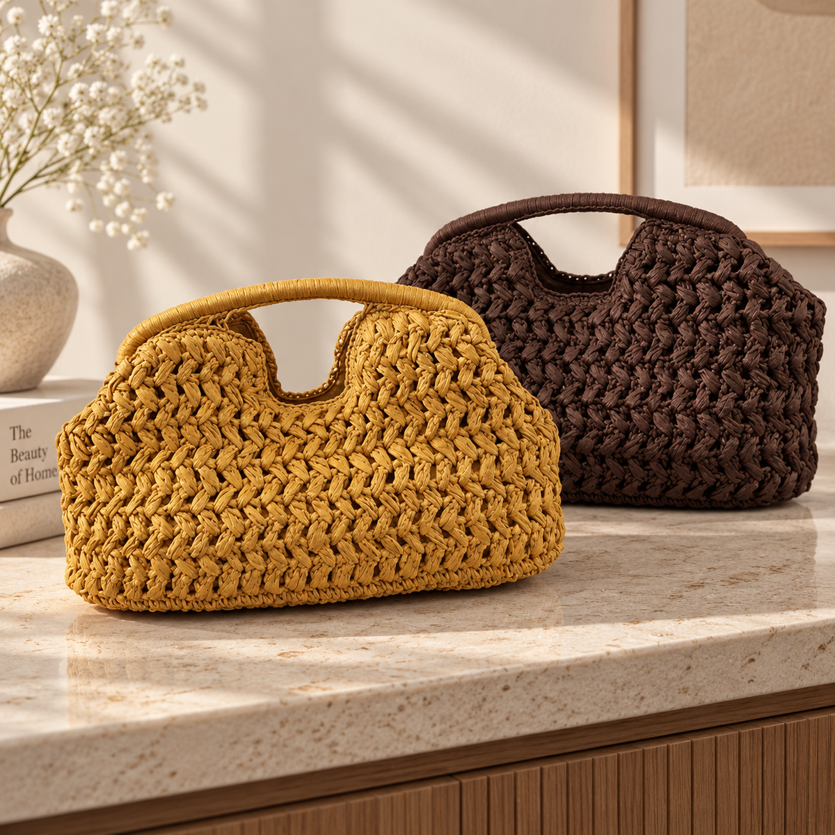 Woven Summer Handbag | Beach Clutch Purse | Boho Raffia Style Tote | Resort Vacation Shoulder Carry Bag