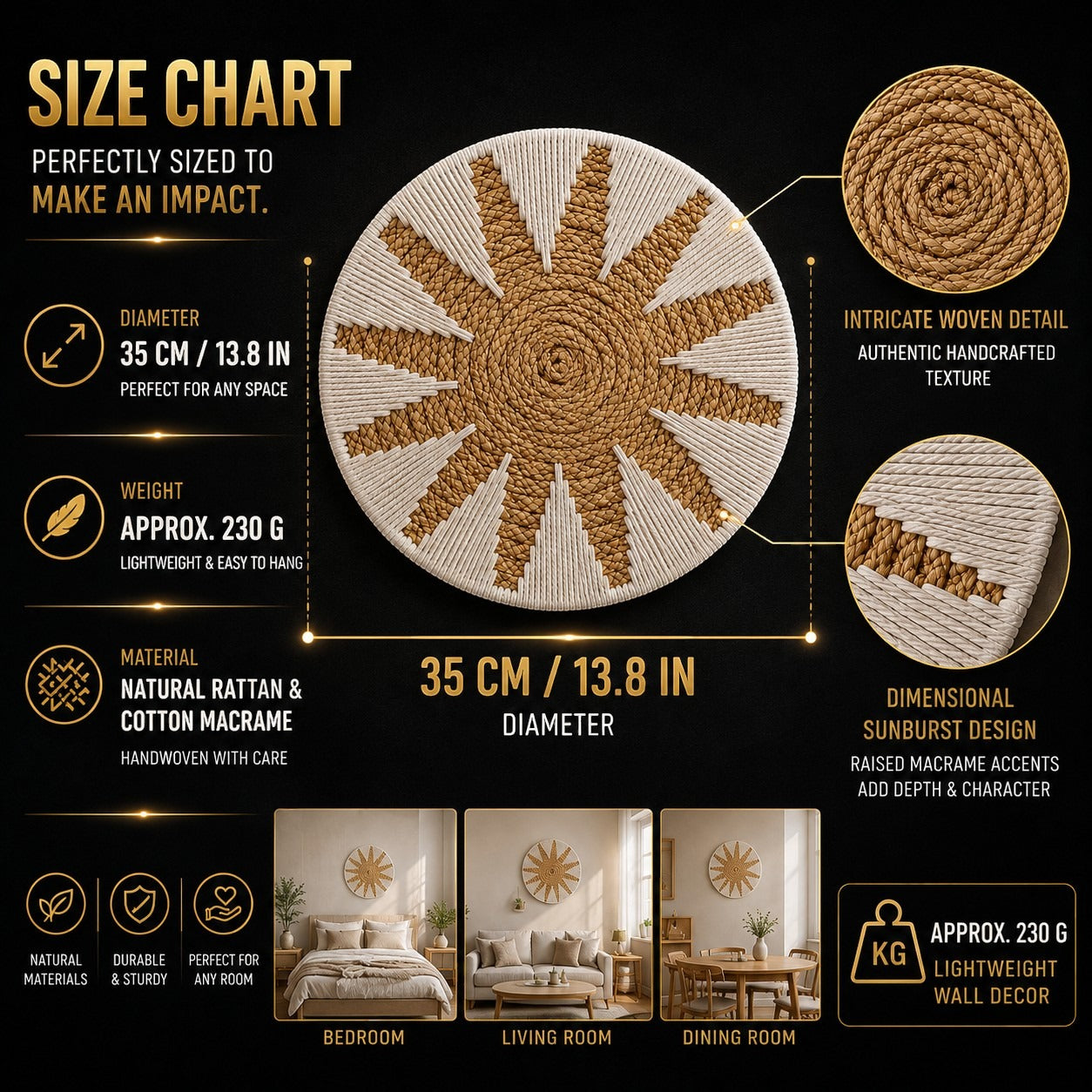 Bohemian Round Wall Hanging – Woven Rattan Macrame Wall Decor