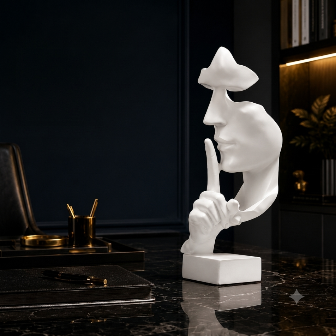 Thinker Statue – Luxury Office Decor, Abstract Face Sculpture, Modern Resin Figurine, Silence Is Gold Art, Studio Desk Ornament, White Home Decoration