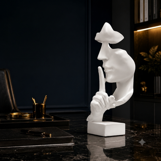 Thinker Statue – Luxury Office Decor, Abstract Face Sculpture, Modern Resin Figurine, Silence Is Gold Art, Studio Desk Ornament, White Home Decoration