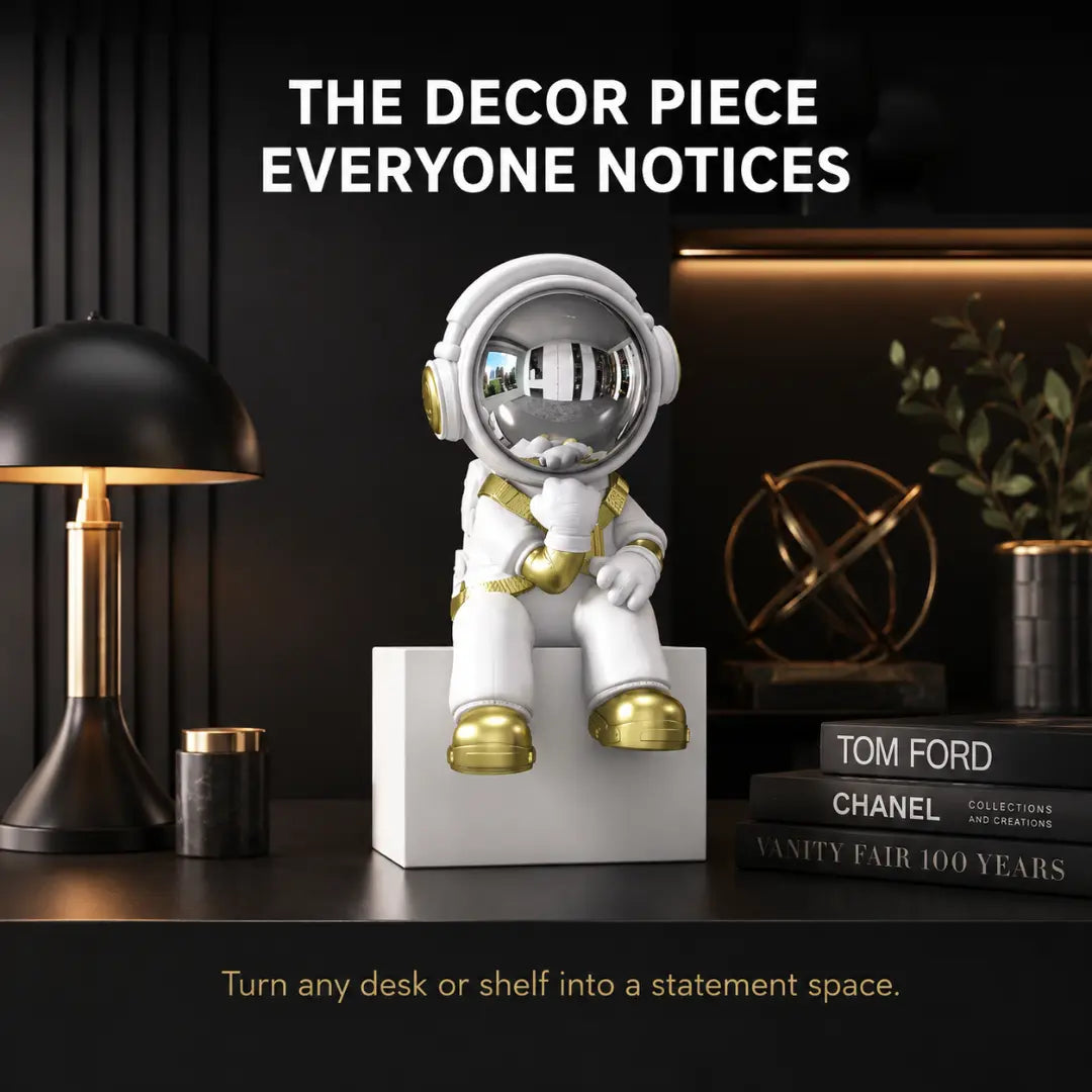 Astronaut Desk Decor, Space Shelf Statue, Headphone Figurine Gift, Sci Fi Ornament, Modern Office Accent, Cosmic Room Decor Jumartins