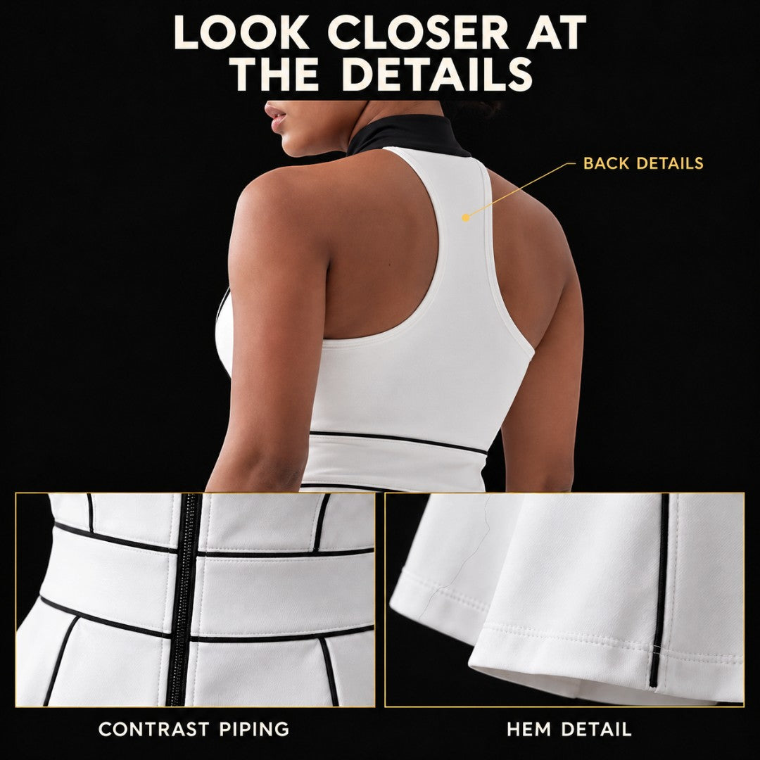 Tennis Dress With Shorts | Sleeveless Athletic Outfit | Contrast Trim Zipper Stand Collar | Workout Gym Yoga Clothing | Casual Court Style