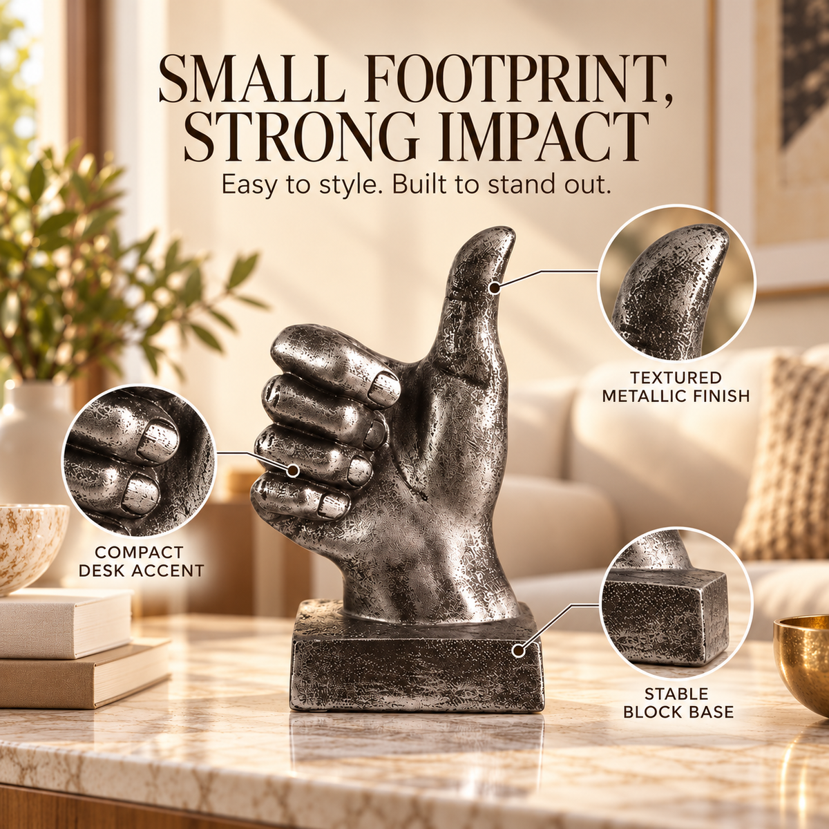 Thumbs Up Hand Resin Sculpture | Vintage Desktop Decor | Creative Finger Gesture Ornament | Living Room Shelf Coffee Table Accent