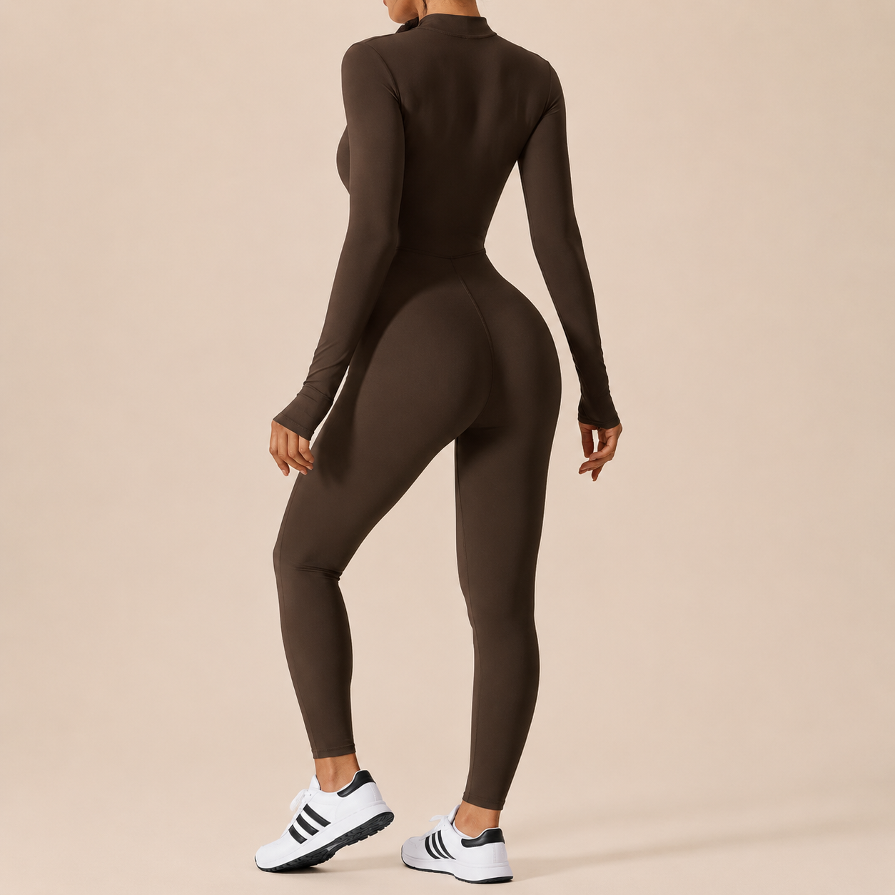Women Long Sleeve Zip Jumpsuit | Fitted Yoga Unitard | Gym Workout Sportswear | Mock Neck Full Length Bodysuit