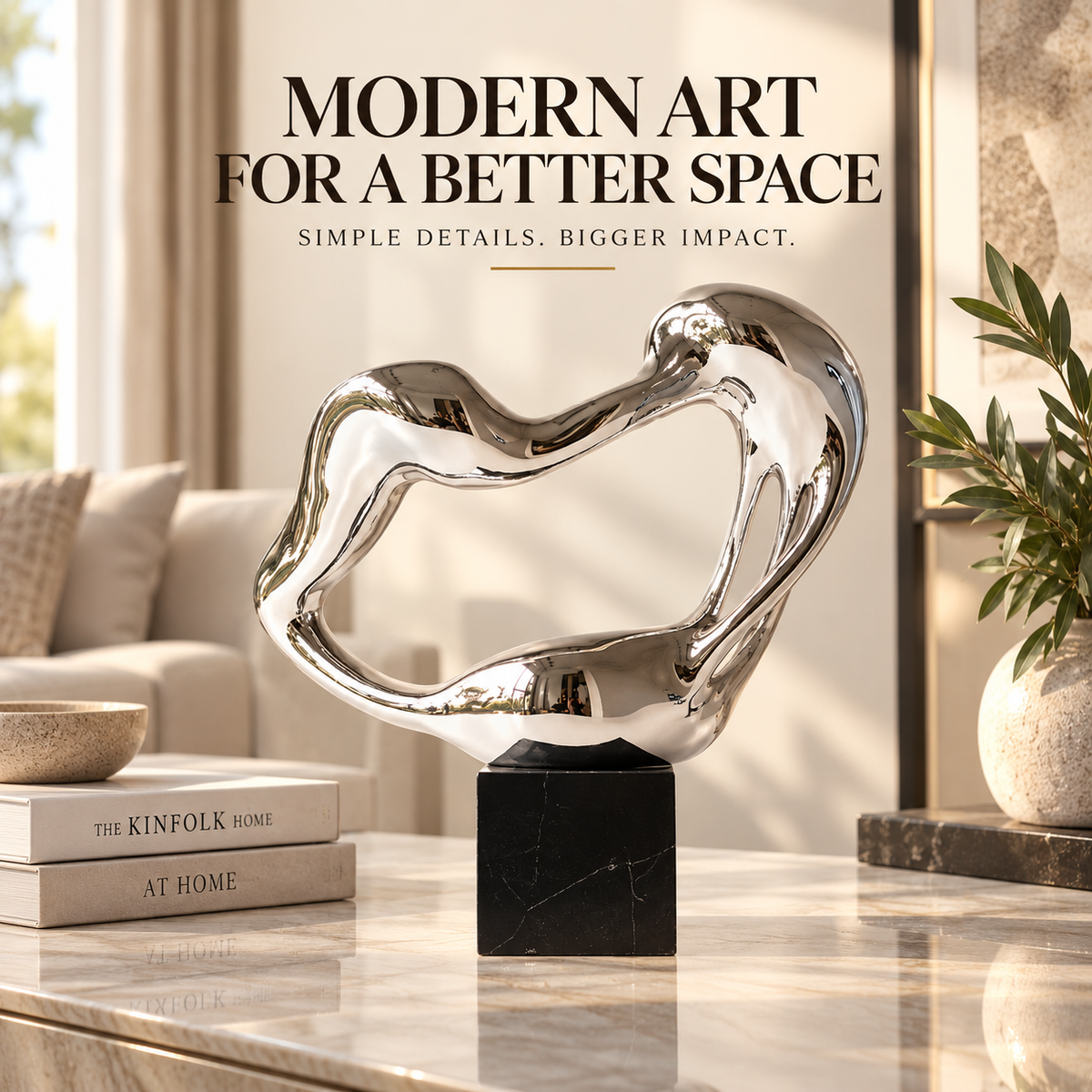 Silver Abstract Sculpture | Melting Heart Statue | Modern Desk Decor | Fluid Art Ornament | Shelf & Living Room Accent