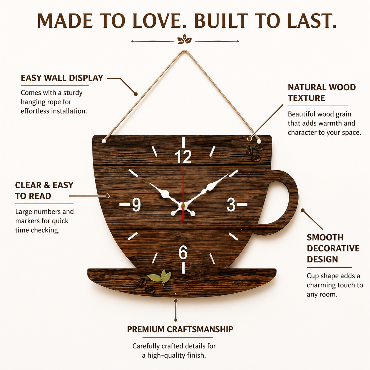 Coffee Cup Wall Clock | Wooden Hanging Clock | Coffee Inspired Home Decor | Kitchen Living Room Wall Art | Cozy Room Decoration