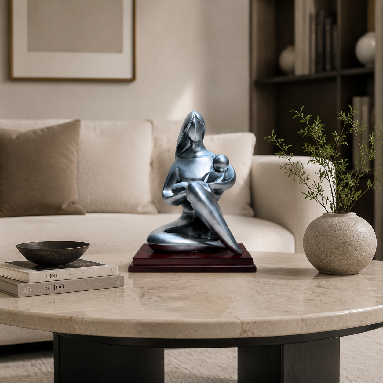 Mother and Son Abstract Sculpture | Family Figurine Statue | Silver Character Ornament for Desk Shelf Living Room Decor