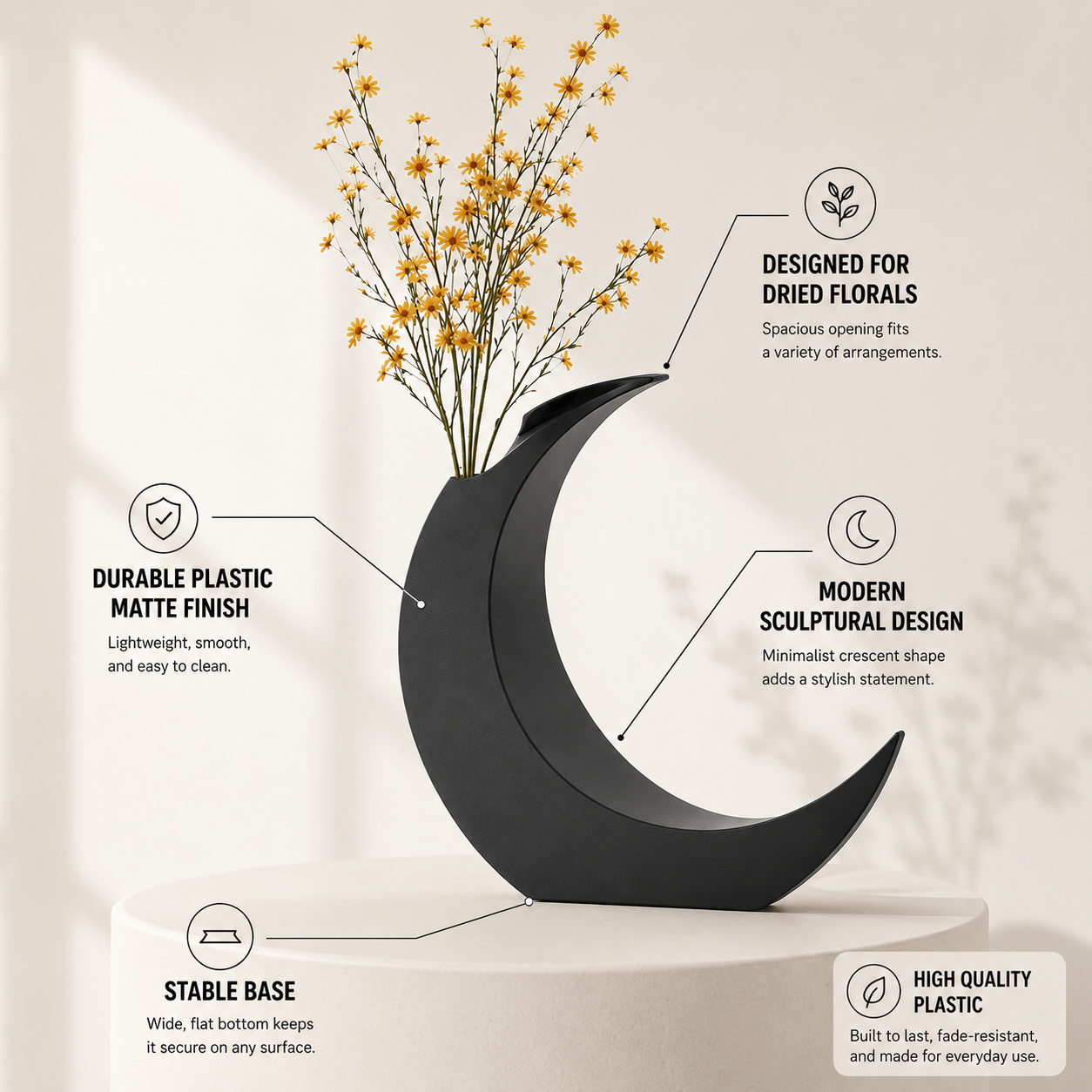 Crescent Moon Vase | Dried Flower Holder | Minimalist Table Decor | Living Room Accent | Office Desk Ornament | Housewarming Gift