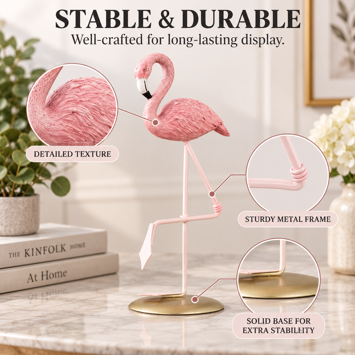 Pink Flamingo Resin Figurine Desk Ornament | Flamingo Table Decor | Living Room Desktop Accent | Cute Home Decoration