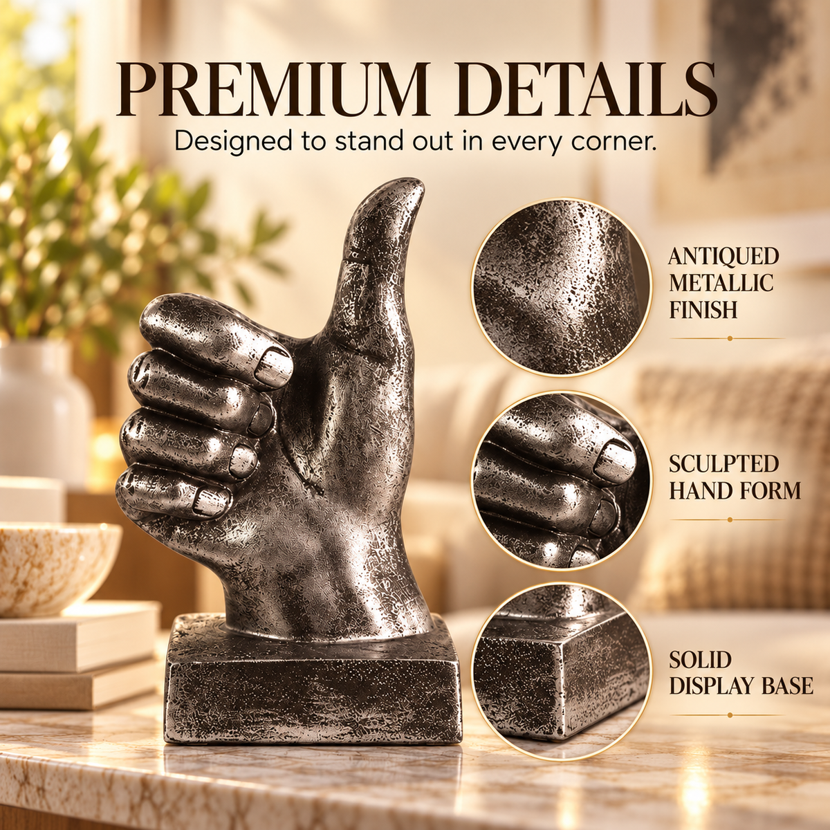 Thumbs Up Hand Resin Sculpture | Vintage Desktop Decor | Creative Finger Gesture Ornament | Living Room Shelf Coffee Table Accent
