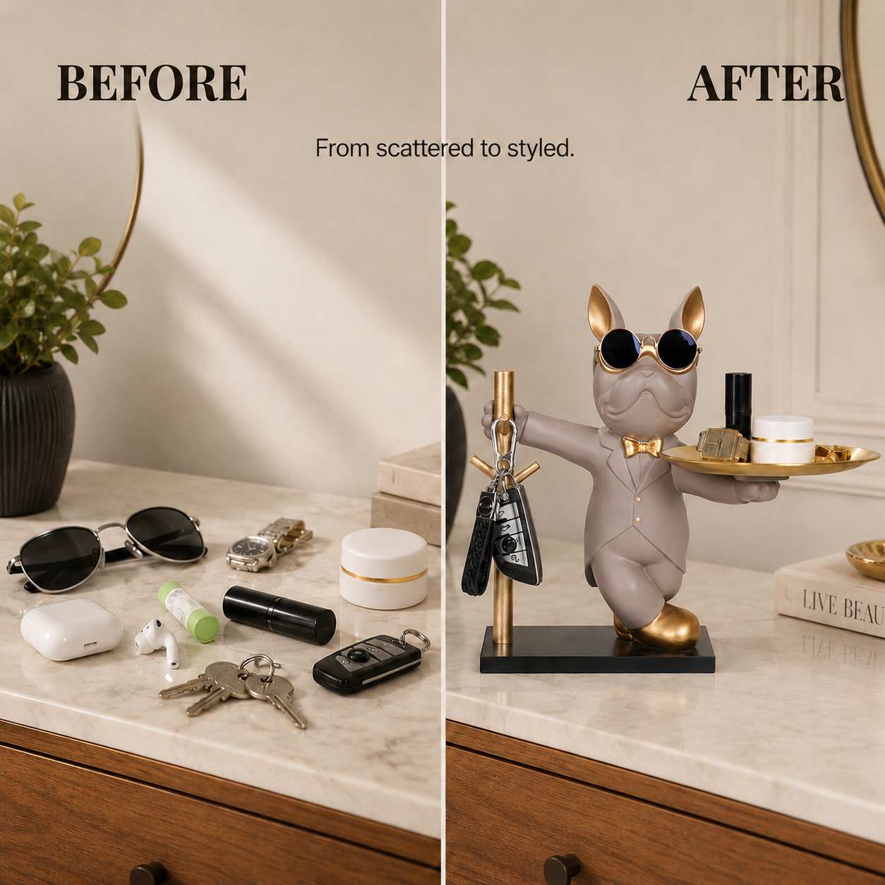 Bulldog Statue Tray Organizer | Decorative Dog Figurine Key Holder | Entryway Coin Tray Snack Holder | Tabletop Decor Gift