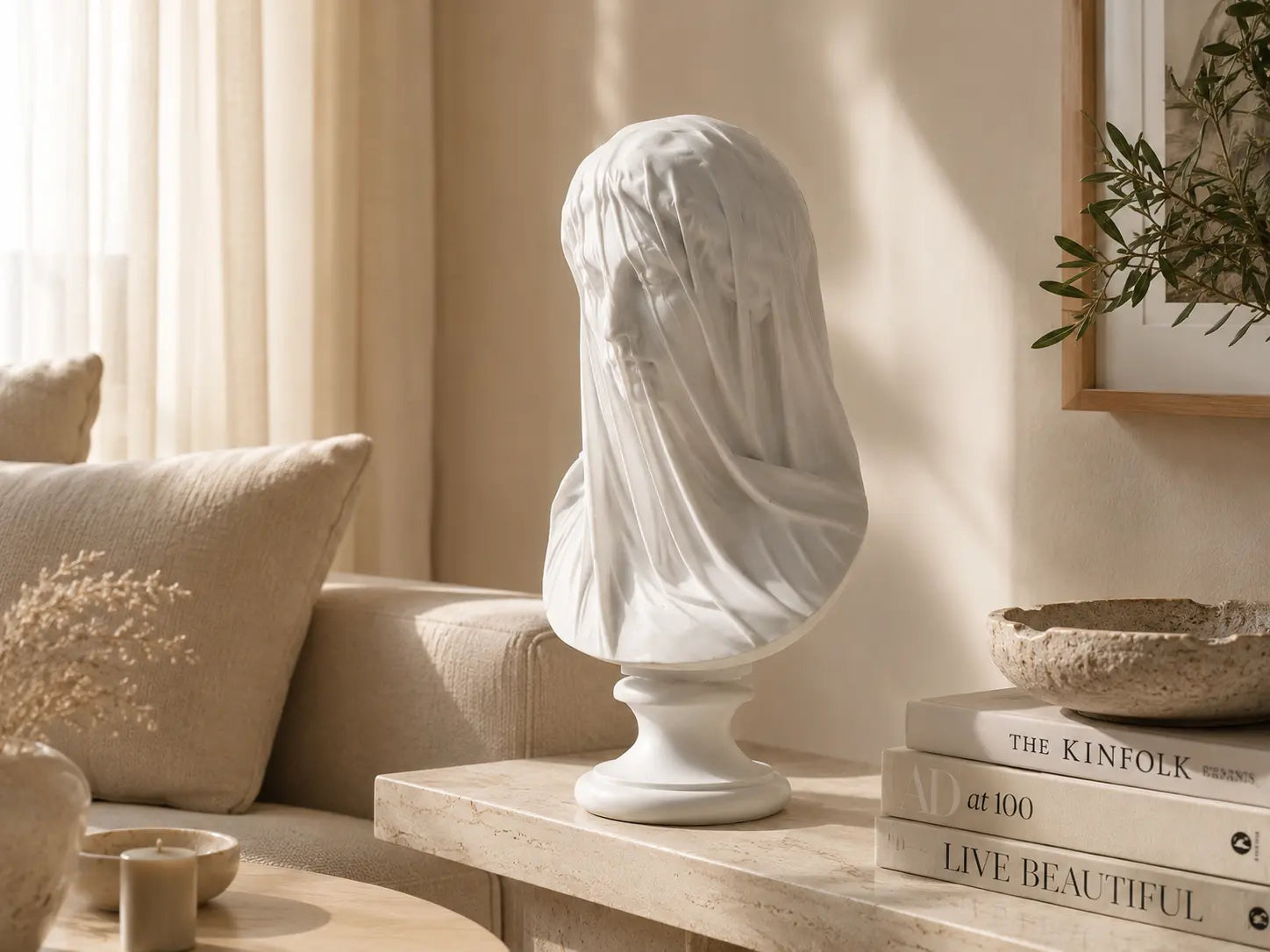 Veiled Lady Bust Sculpture | Greek Goddess Style Statue | White Maiden Figurine | Living Room Desk Bookshelf Decor Jumartins
