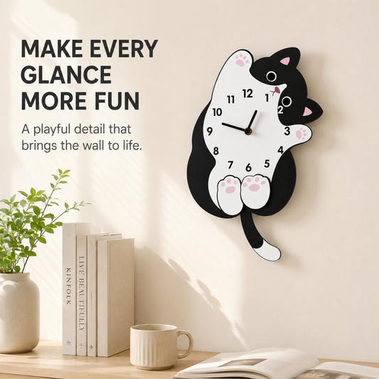 Cute Cat Tail Swaying Wall Clock | Cartoon Animal Wall Clock | Creative Hanging Home Decor | Living Room Bedroom Accent Clock