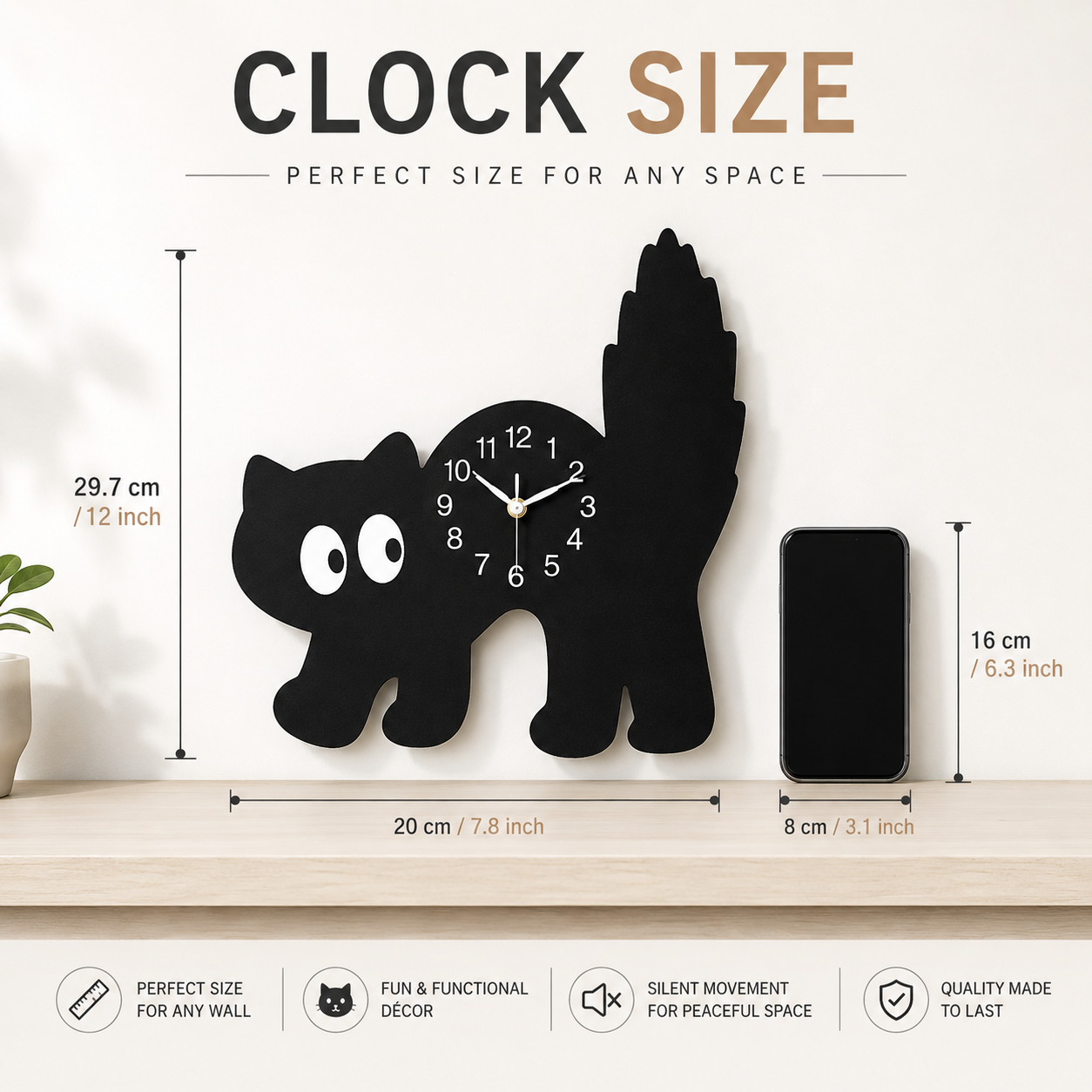 Cat Wall Clock | Playful Silent Quartz Clock | Whimsical Home Wall Decor | Living Room Bedroom Clock | Holiday Gift Decor