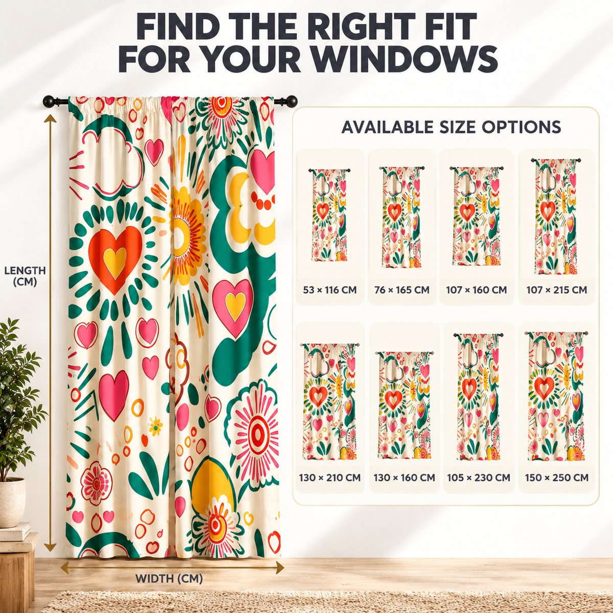 Floral Print Curtains | Heart Pattern Window Drapes | Rod Pocket Bedroom Curtains | Cozy Living Room Window Decor