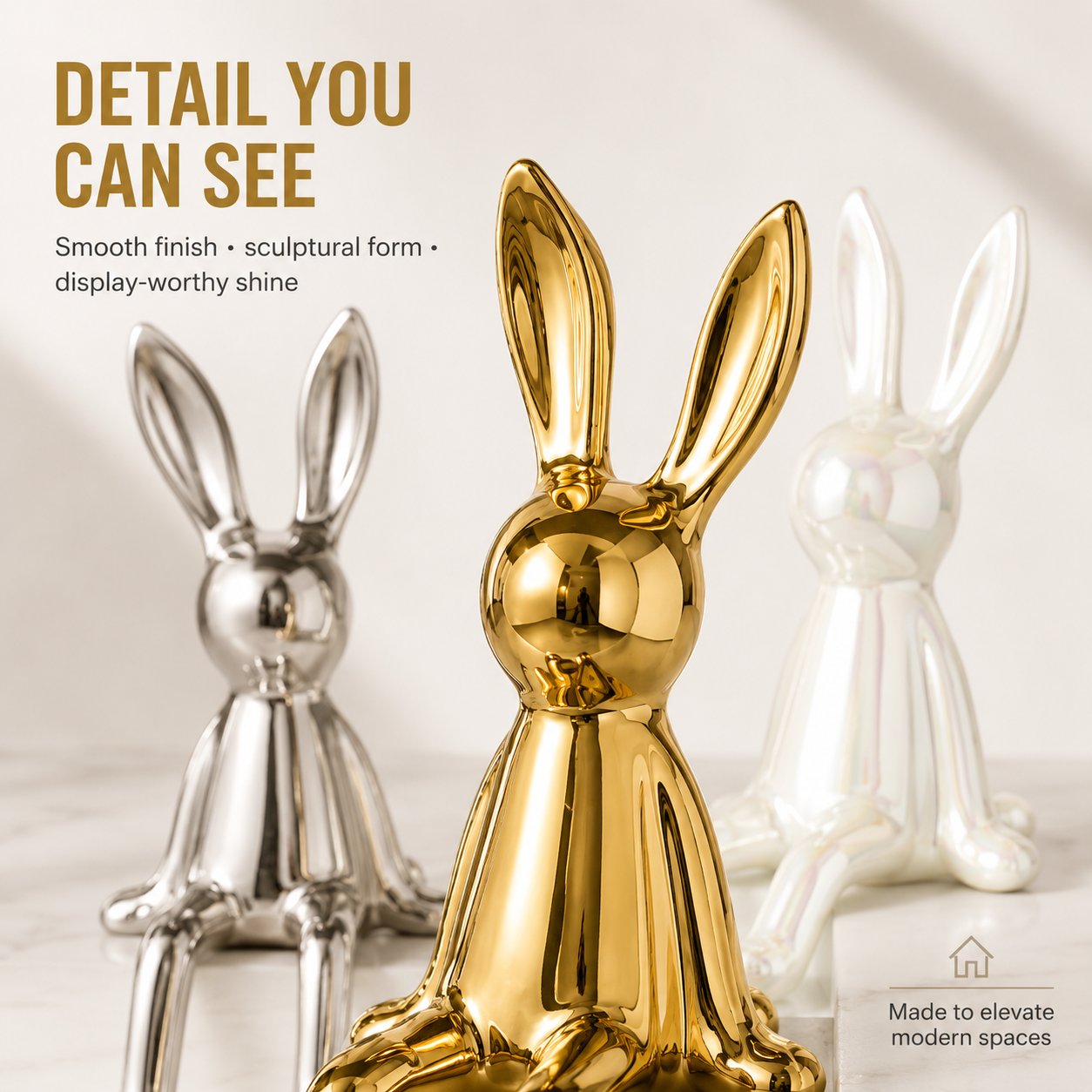 Ceramic Rabbit Figurine Decor | Long Ear Sitting Bunny Statue | Modern Shelf Accent for Home Room Styling
